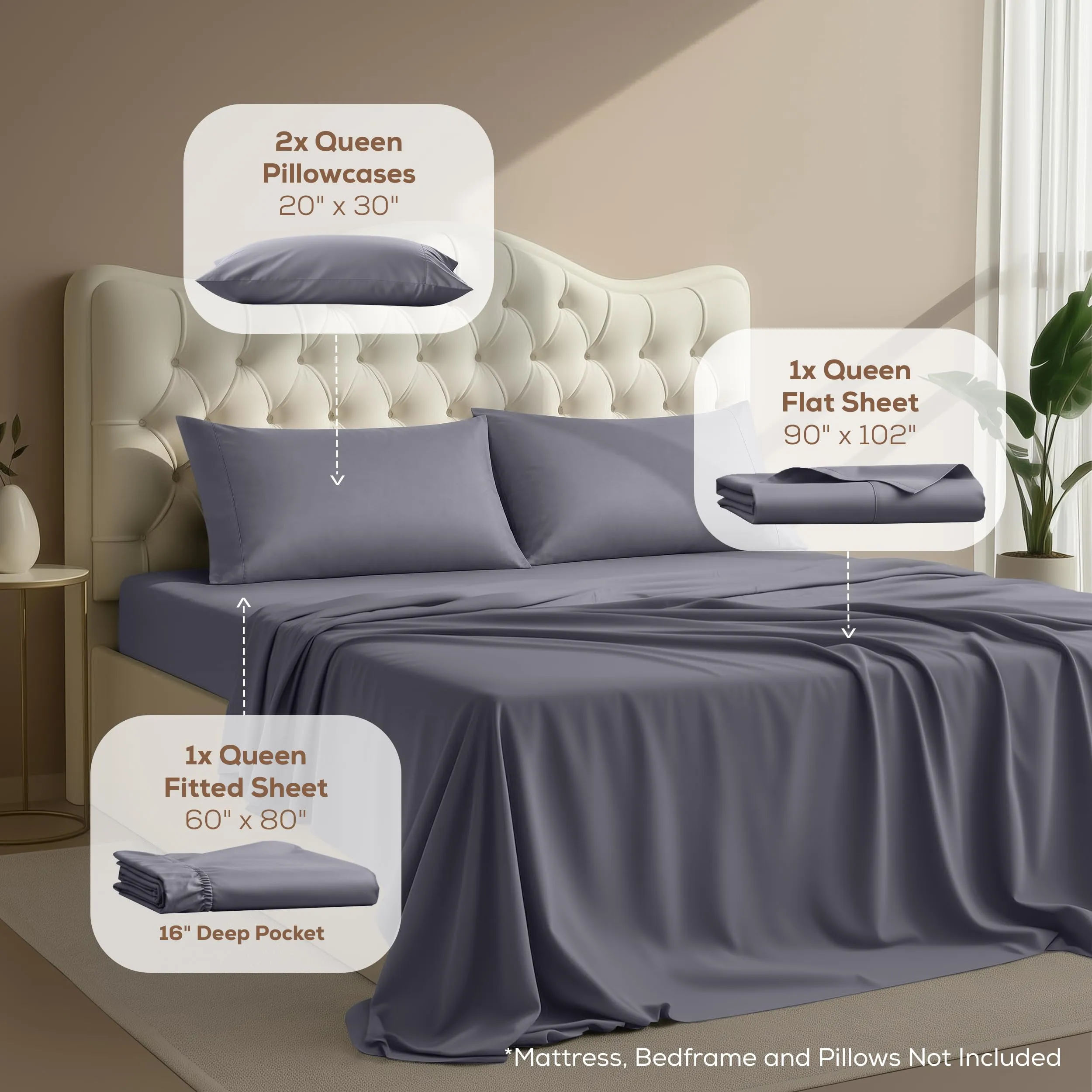 Utopia Bedding Set di lenzuola in microfibra, 4 pezzi, Letto Matrimoniale, Grigio - immagine 3
