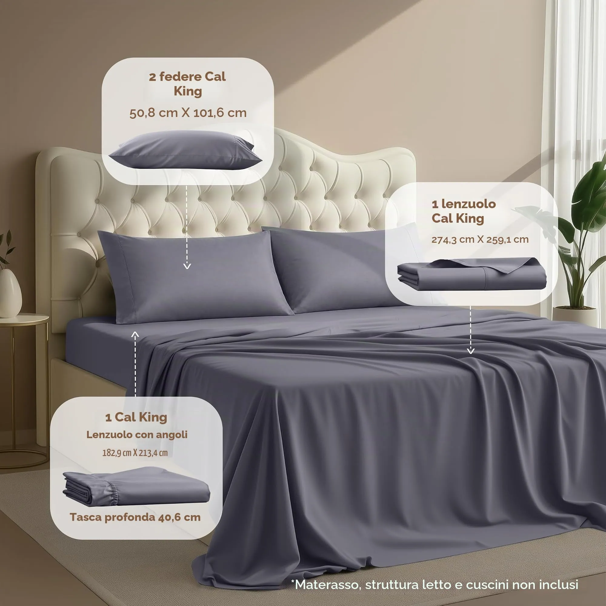 Utopia Bedding Set di lenzuola in microfibra spazzolata, California King, 4 pezzi, Grigio - immagine 2