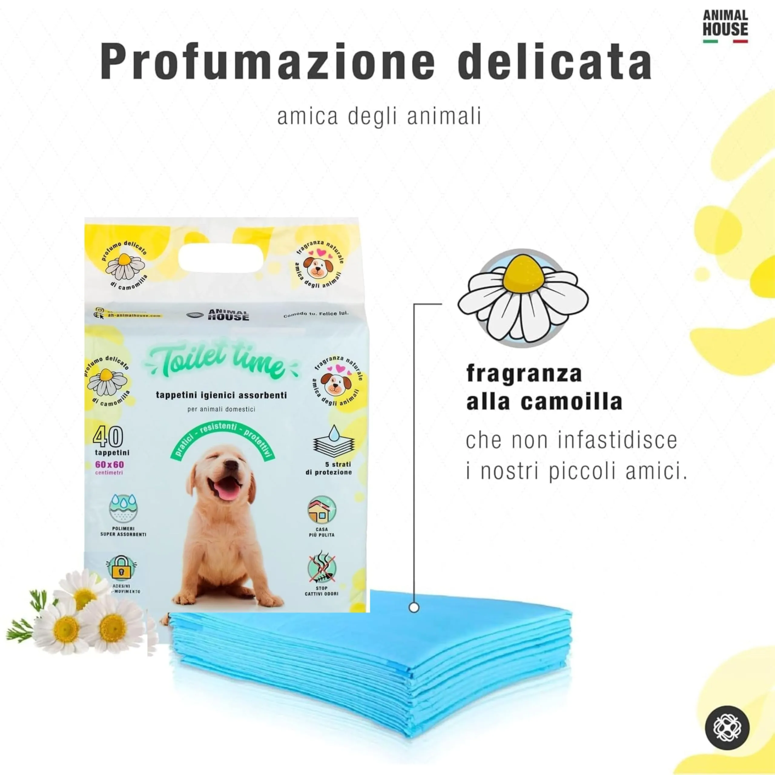 Animal House Tappetini Igienici Assorbenti Camomilla, 60x60 cm, 40 Pezzi - immagine 7
