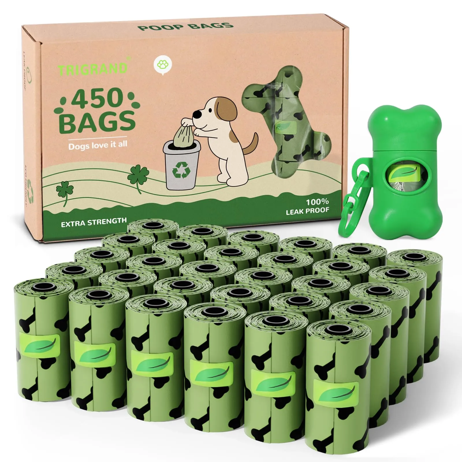 TRIGRAND Sacchetti Biodegradabili per Cane, 450 Pezzi, 30 Rotoli Extra Spessi con Dispenser, Profumo Lavanda, Verde - immagine 1