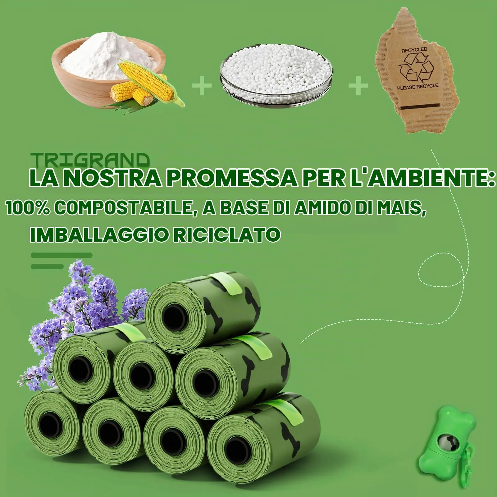 TRIGRAND Sacchetti Biodegradabili per Cane, 450 Pezzi, 30 Rotoli Extra Spessi con Dispenser, Profumo Lavanda, Verde - immagine 3