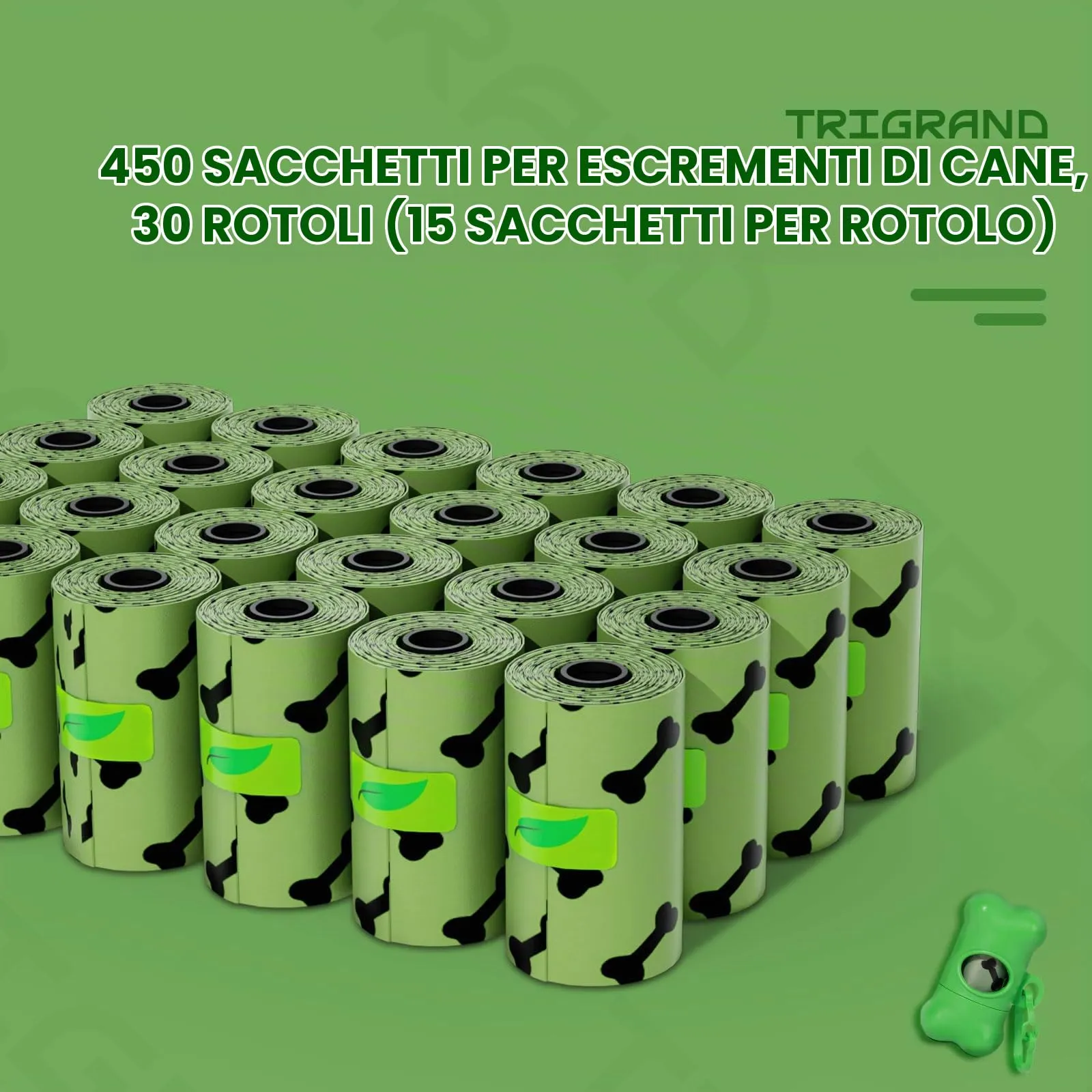 TRIGRAND Sacchetti Biodegradabili per Cane, 450 Pezzi, 30 Rotoli Extra Spessi con Dispenser, Profumo Lavanda, Verde - immagine 5