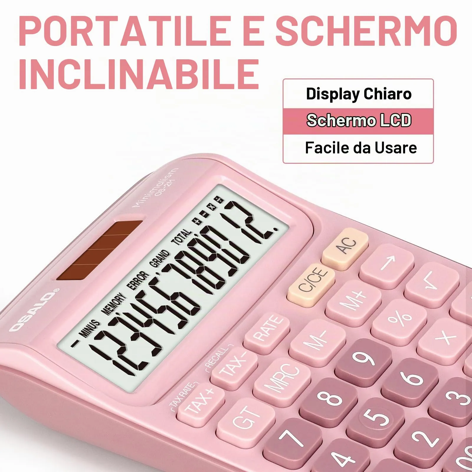 OSALO Calcolatrice da tavolo rosa, display LCD 12 cifre, solare e batteria (OS-2M) - immagine 2