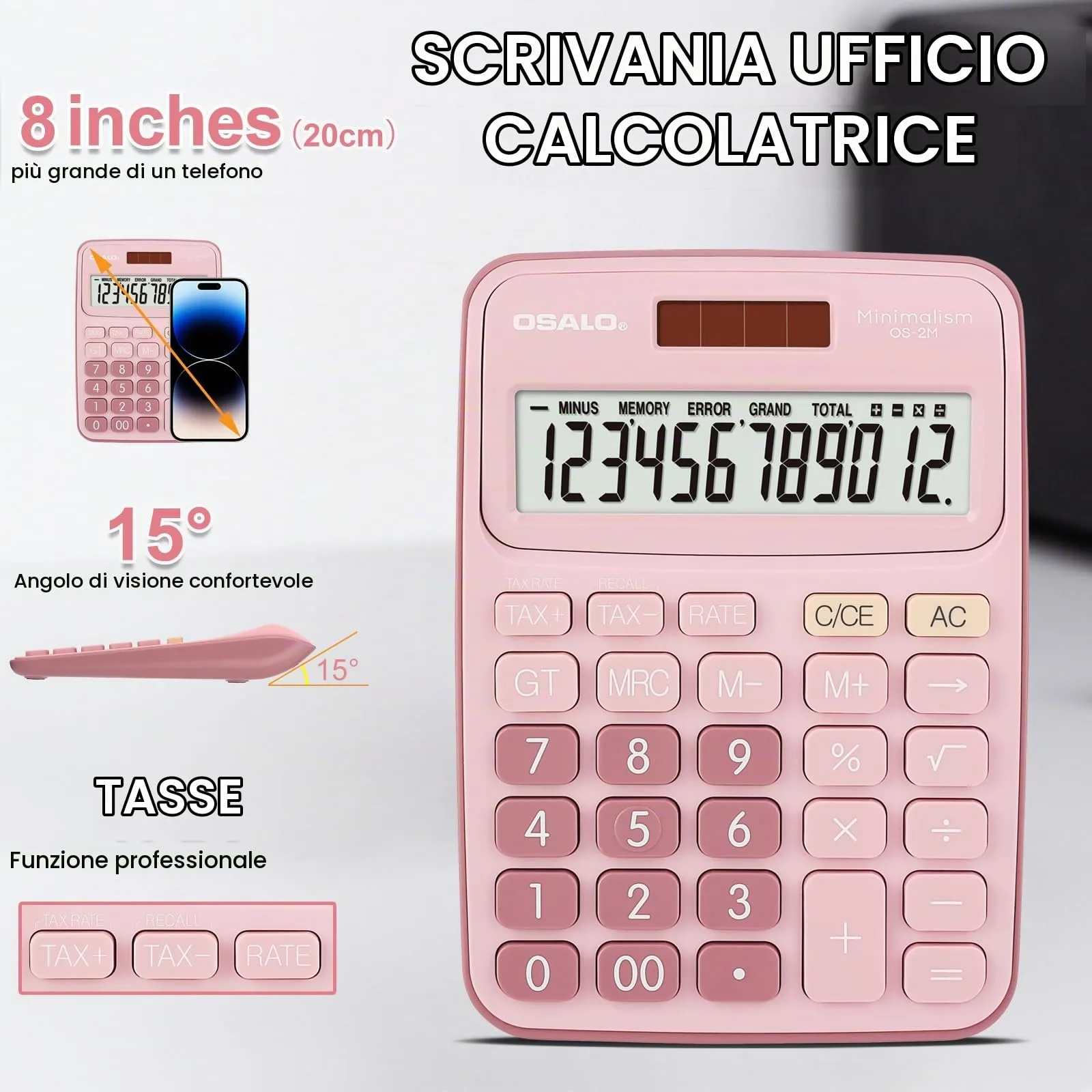 OSALO Calcolatrice da tavolo rosa, display LCD 12 cifre, solare e batteria (OS-2M) - immagine 3