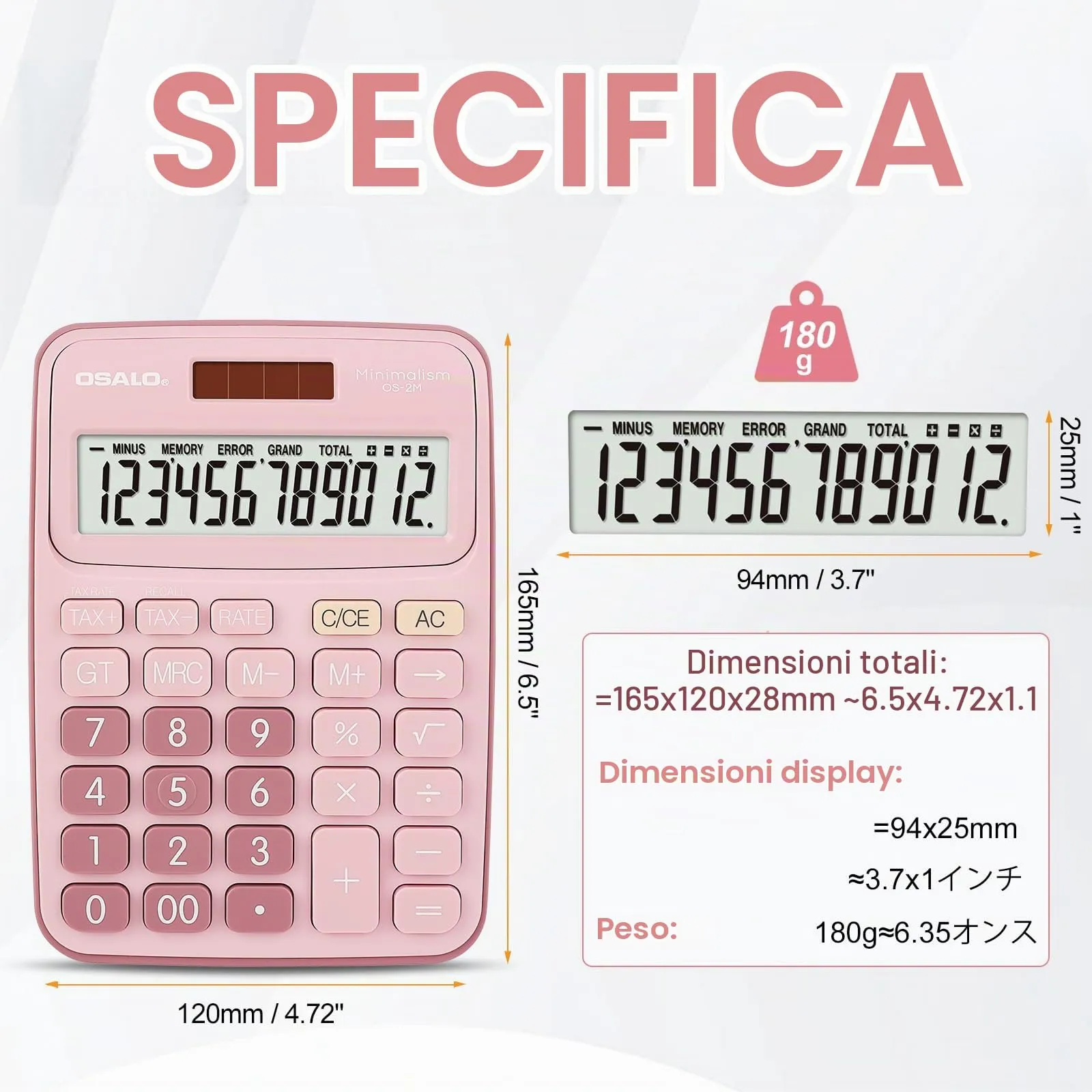 OSALO Calcolatrice da tavolo rosa, display LCD 12 cifre, solare e batteria (OS-2M) - immagine 4