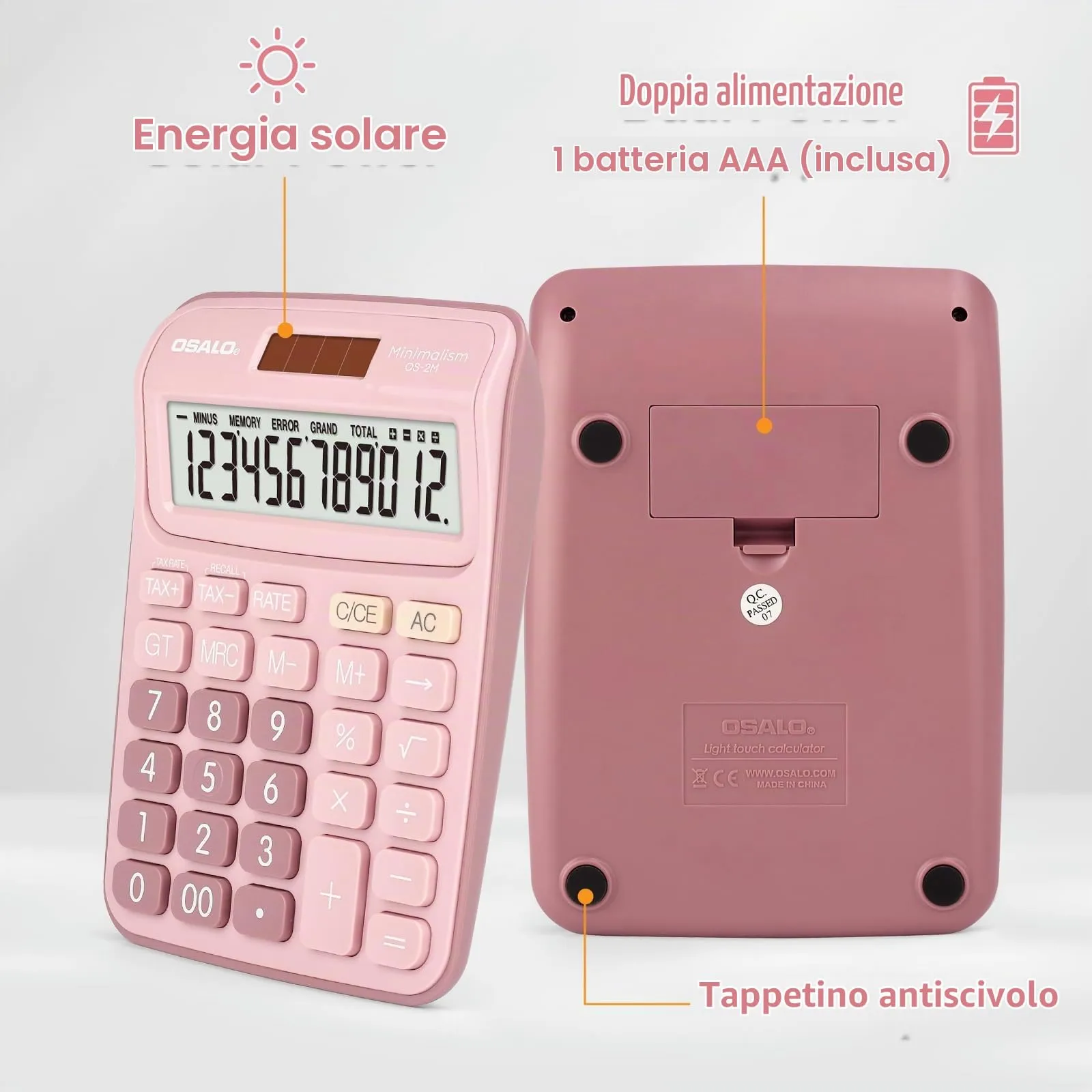 OSALO Calcolatrice da tavolo rosa, display LCD 12 cifre, solare e batteria (OS-2M) - immagine 5