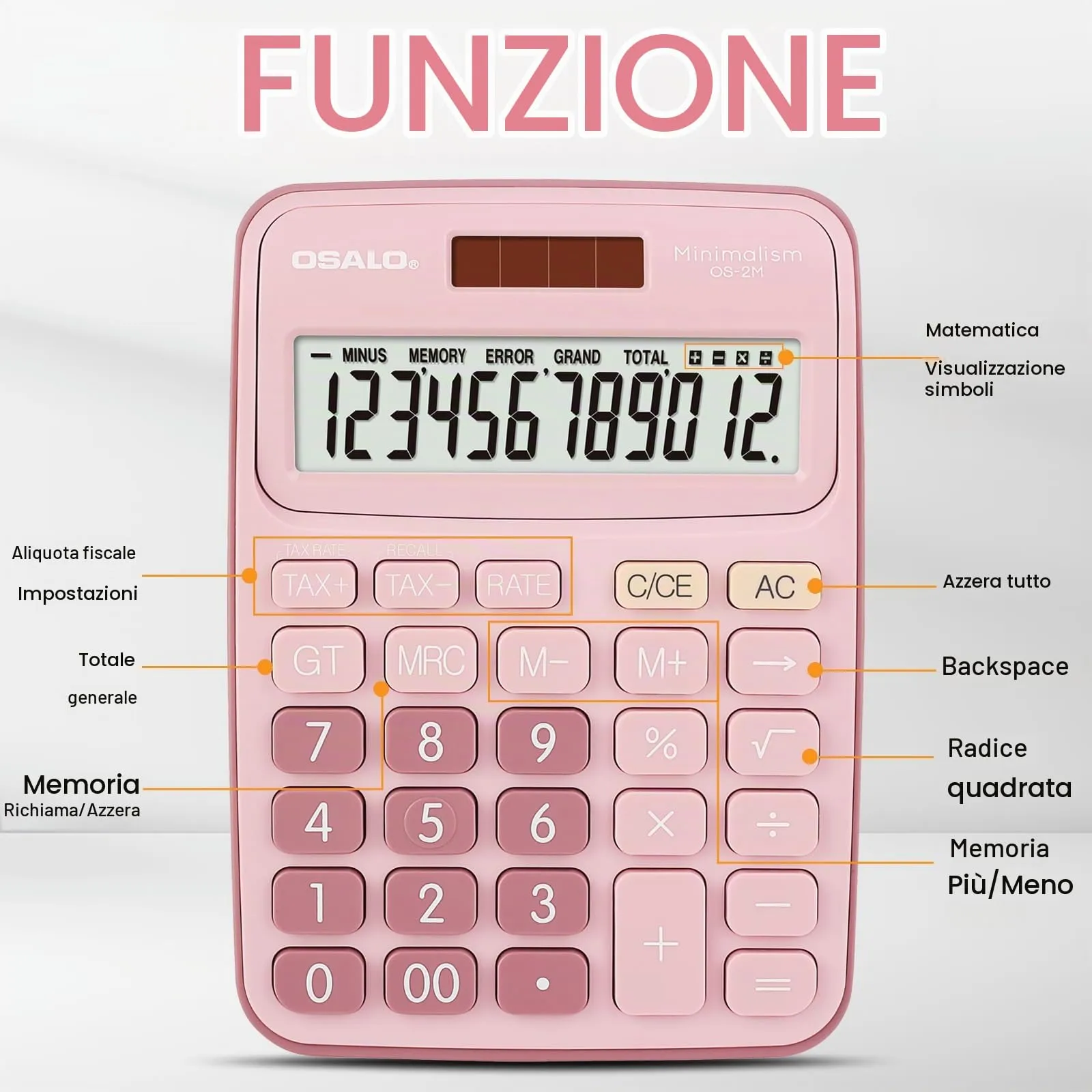 OSALO Calcolatrice da tavolo rosa, display LCD 12 cifre, solare e batteria (OS-2M) - immagine 7