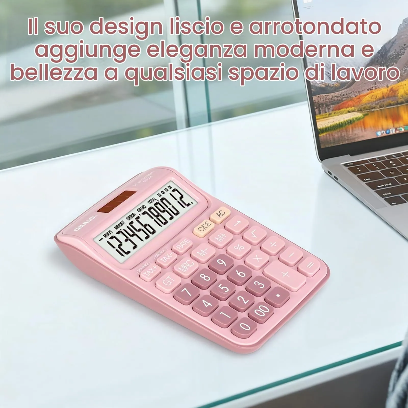 OSALO Calcolatrice da tavolo rosa, display LCD 12 cifre, solare e batteria (OS-2M) - immagine 8