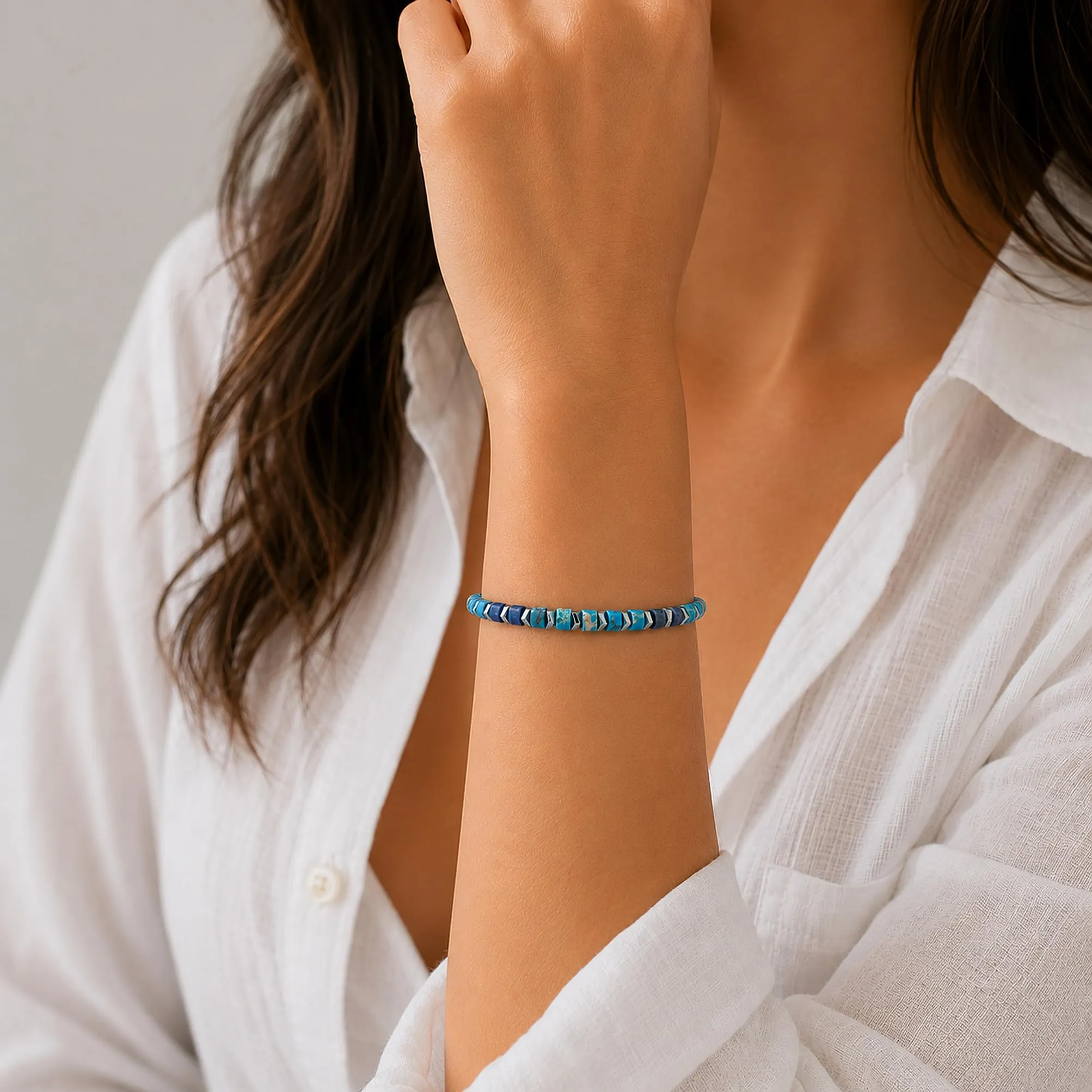 Dada Gioielli Bracciale Unisex in Acciaio Inossidabile e Pietre Naturali Multicolor Regolabile (Azzurro + Lapis) - immagine 2