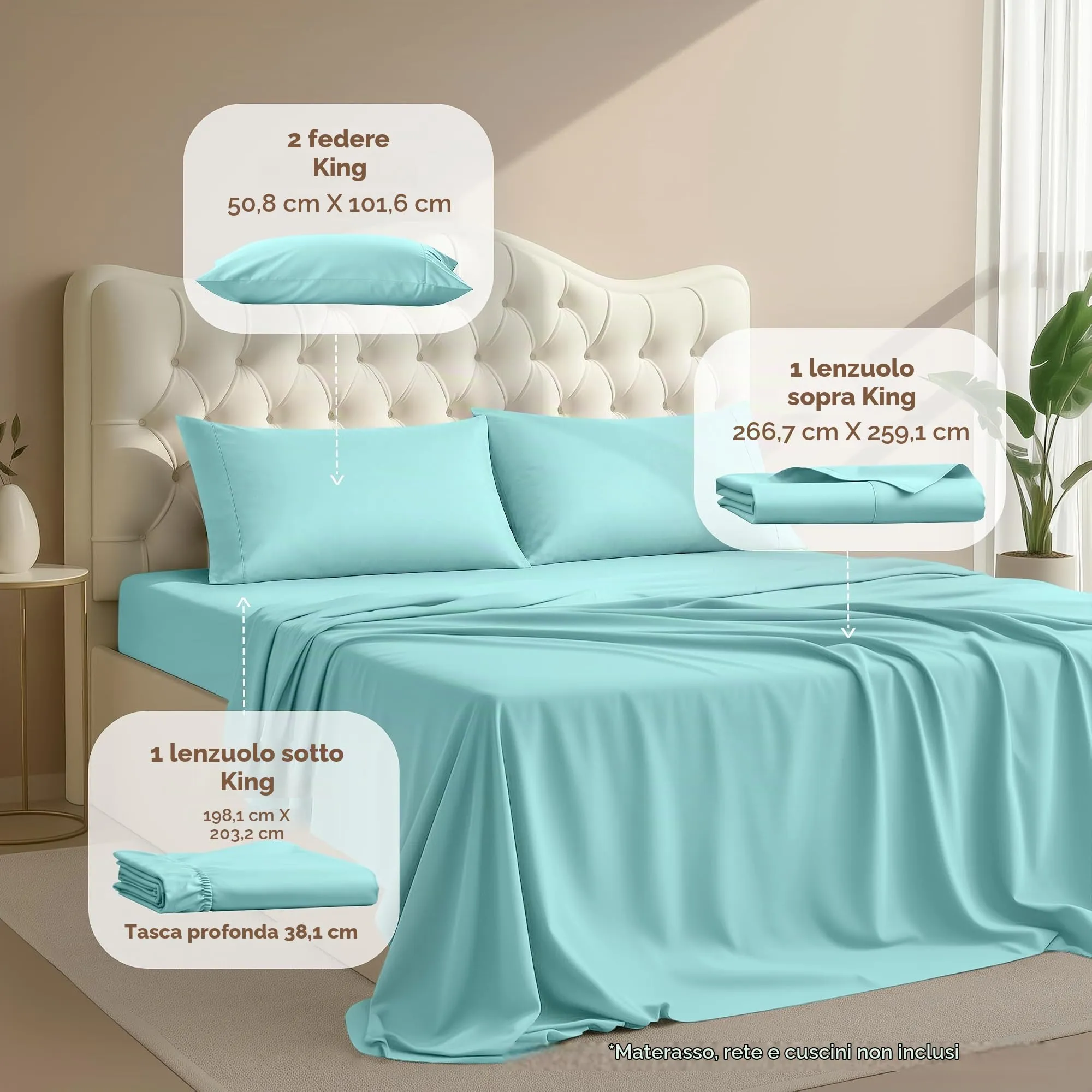 Utopia Bedding Set di lenzuola in microfibra spazzolata, King Size, Blu Spa - immagine 2