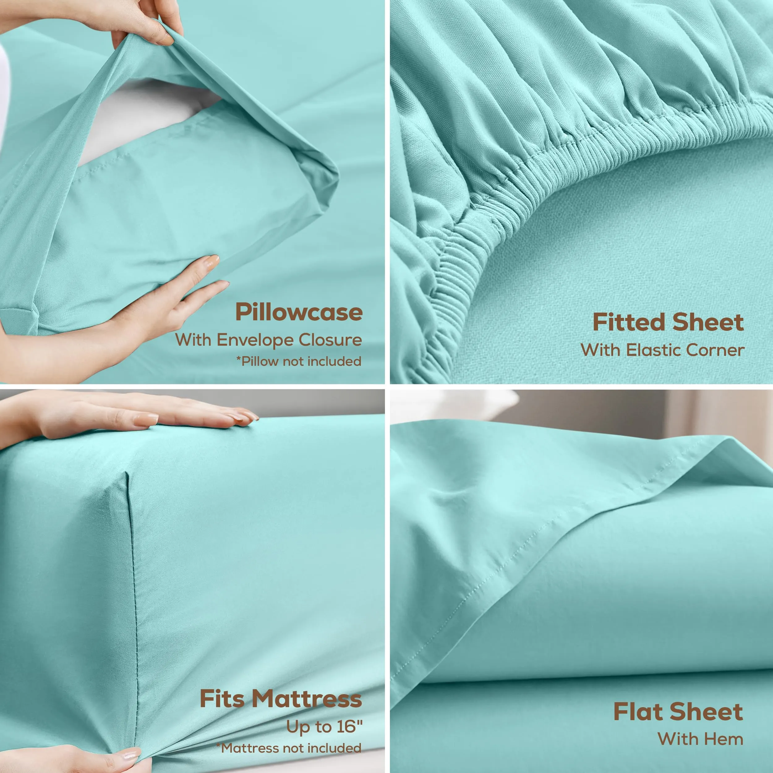 Utopia Bedding Set di lenzuola in microfibra spazzolata, 4 pezzi, Blu Spa, Misura Full - immagine 3