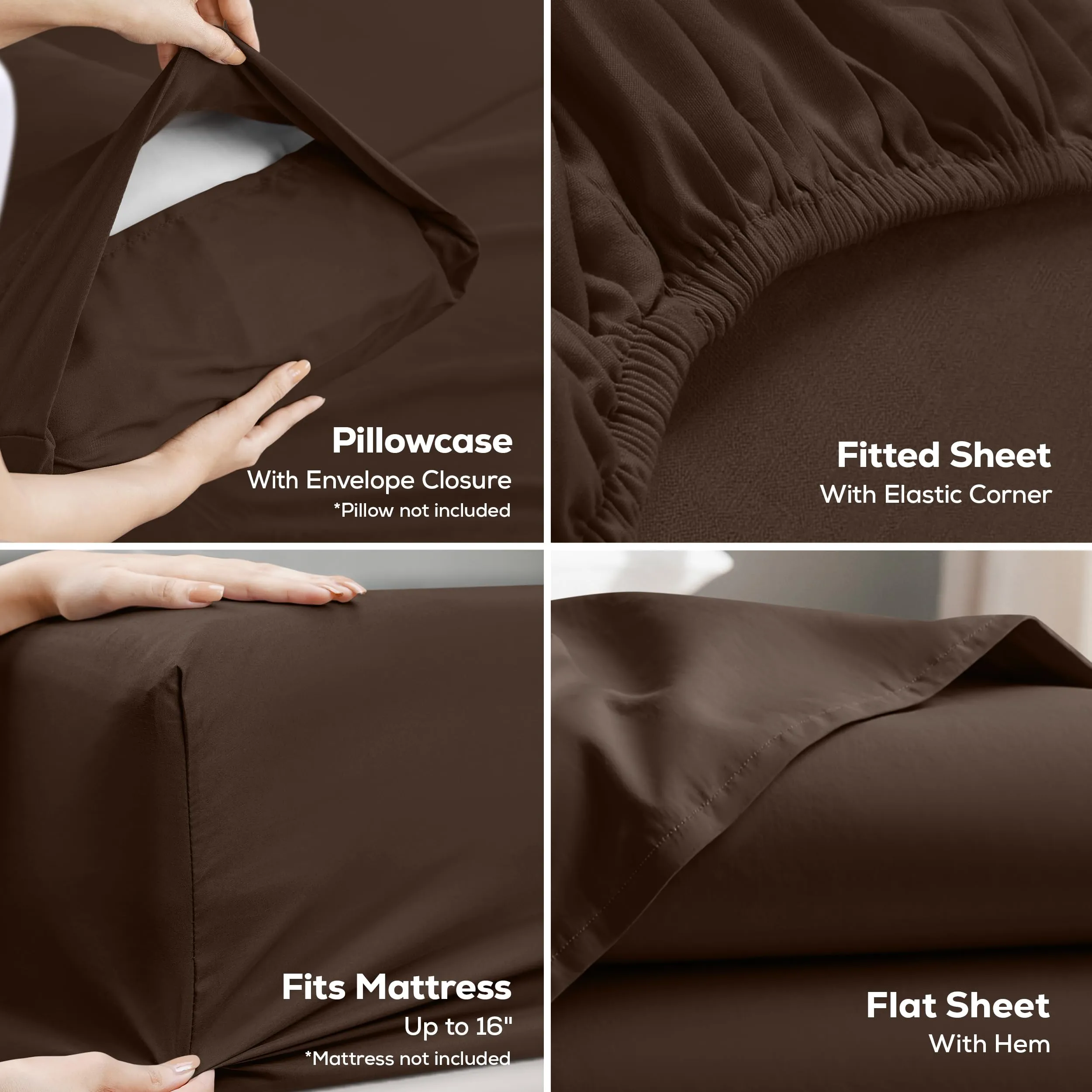 Utopia Bedding Set di Lenzuola Queen Size, 4 Pezzi, Microfibra Spazzolata, Marrone - immagine 3