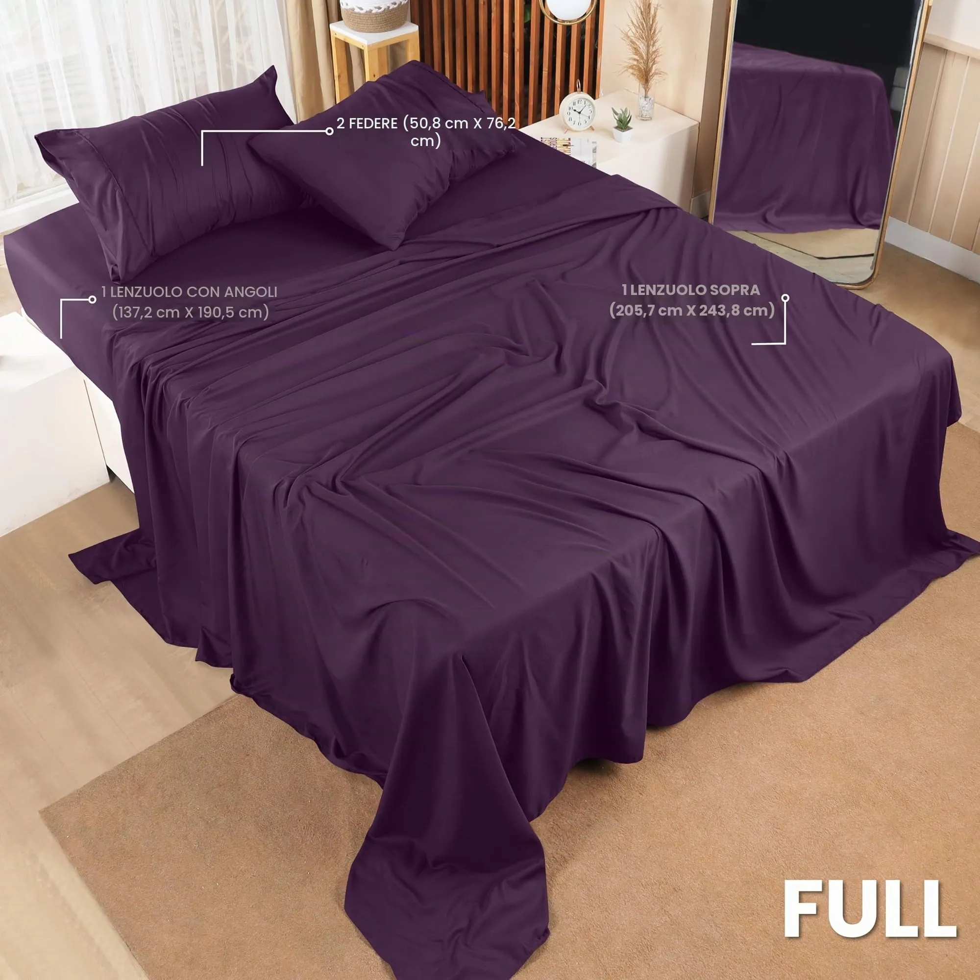 Utopia Bedding Set di lenzuola in microfibra spazzolata, 4 pezzi, Full, Viola - immagine 2