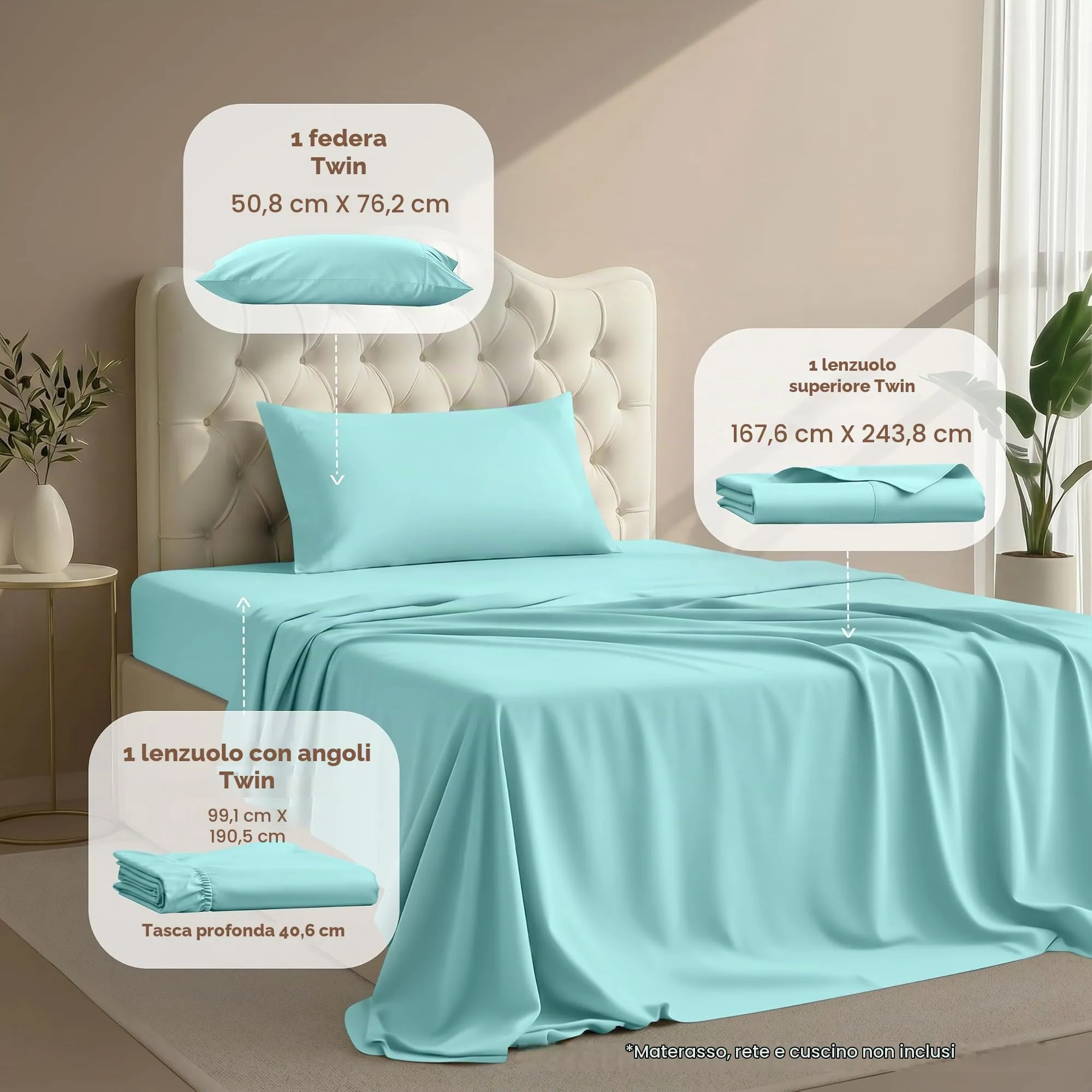 Utopia Bedding Set di lenzuola in microfibra spazzolata, Misura Singola, Blu Spa - immagine 2