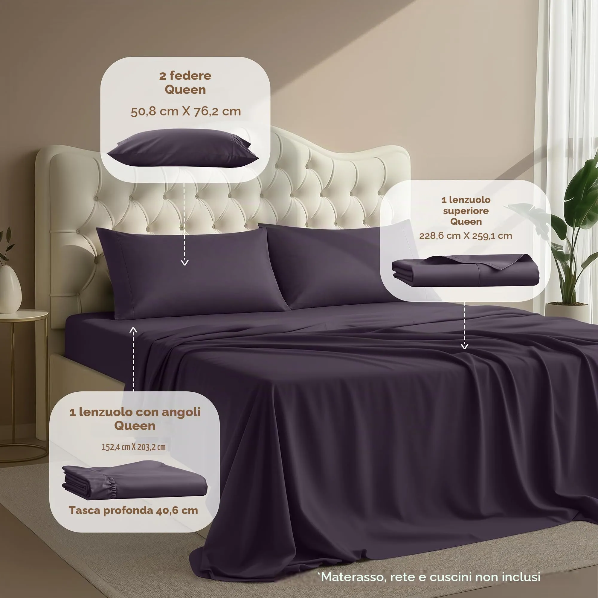 Utopia Bedding Set di lenzuola in microfibra spazzolata, 4 pezzi, Queen, Viola - immagine 2
