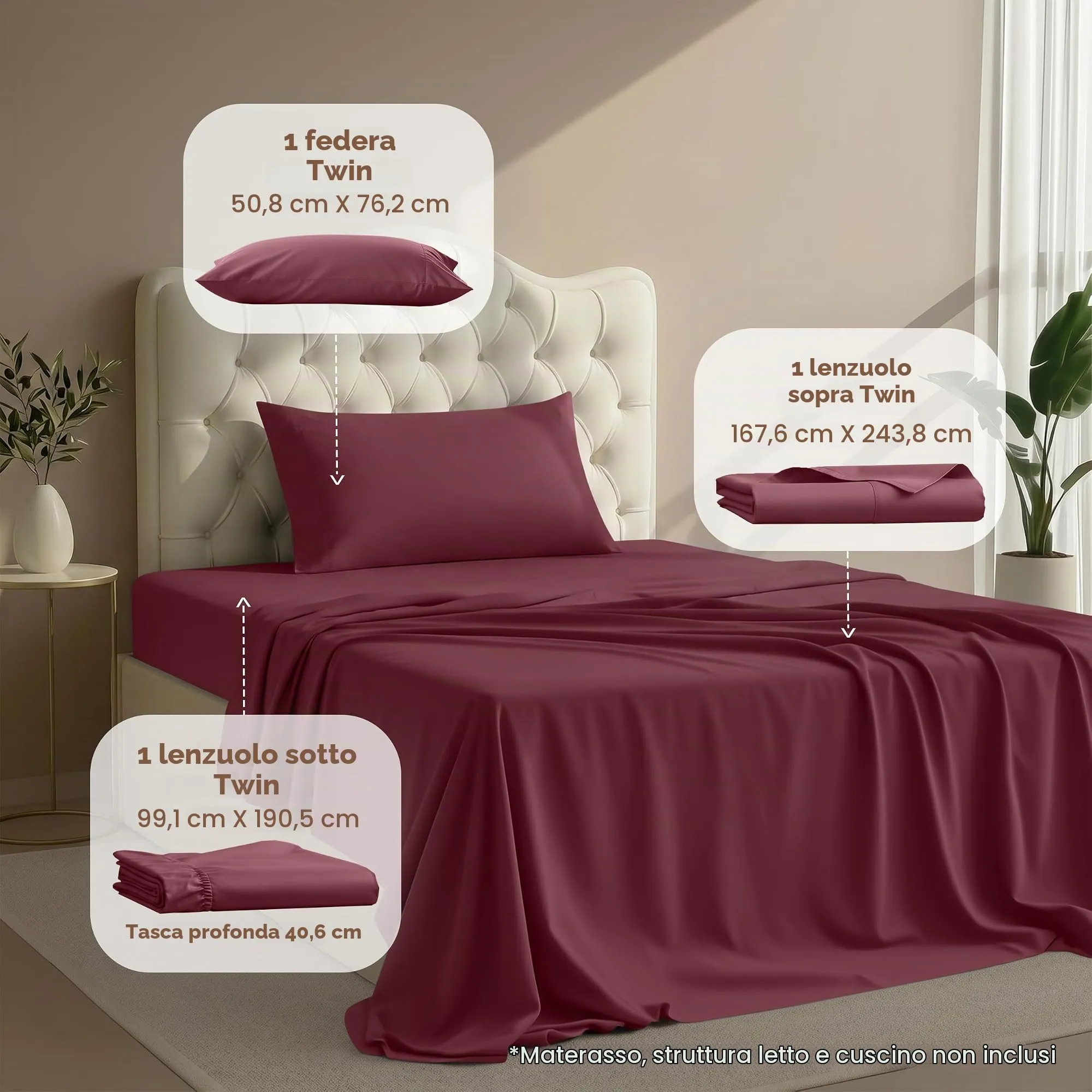 Utopia Bedding Set di lenzuola per letto singolo, 3 pezzi, Bordeaux, USA Twin - immagine 2