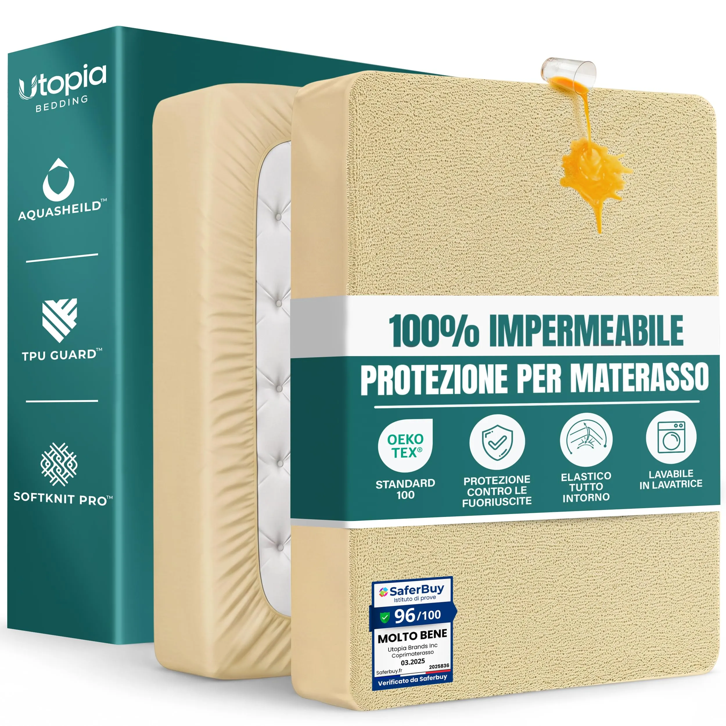 Utopia Bedding Coprimaterasso Singolo Impermeabile 90 x 200 x 30 cm, Certificato OEKO-TEX, Beige - immagine 1