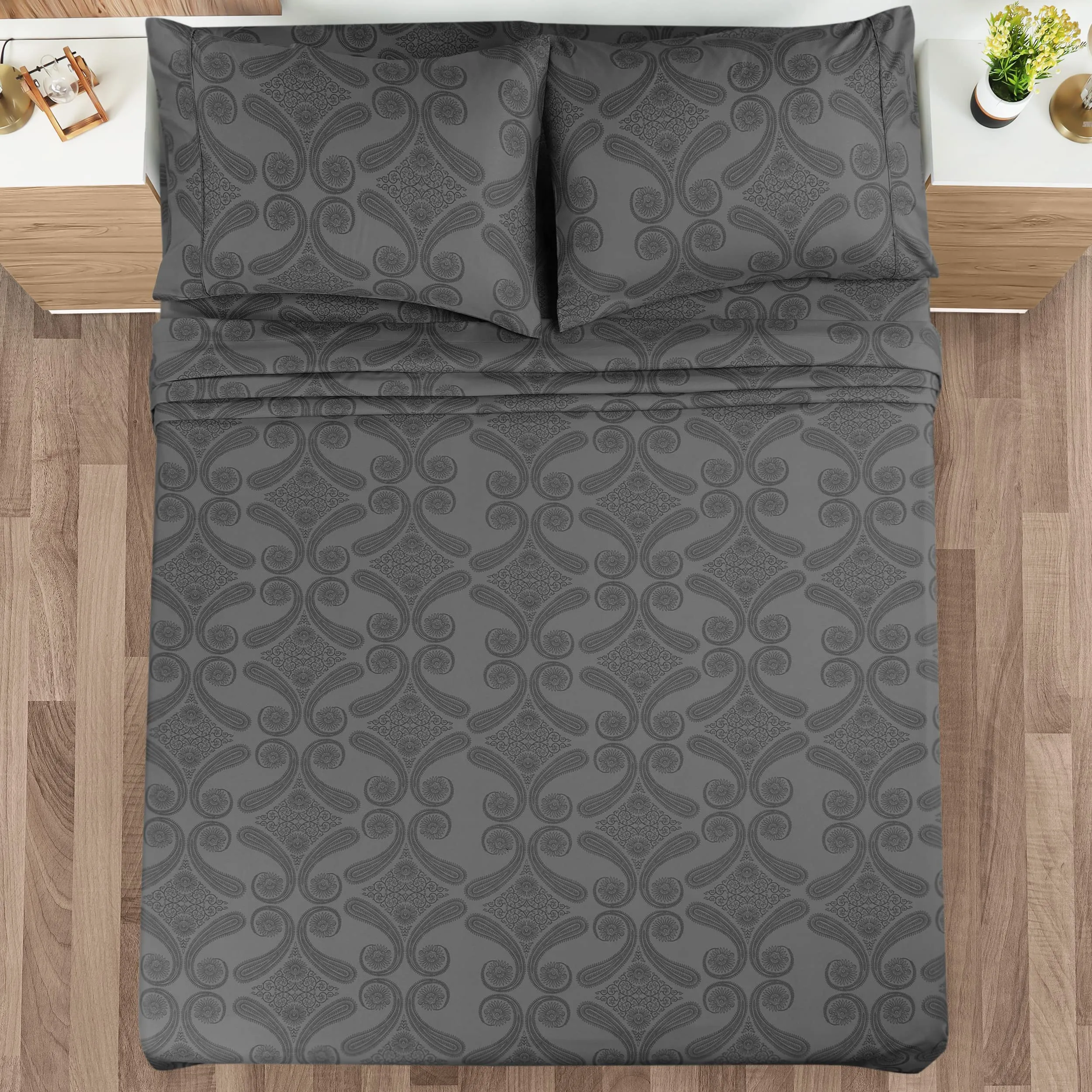 Utopia Bedding Set di lenzuola in microfibra spazzolata, 4 pezzi, Queen size, motivo cachemire, grigio - immagine 2