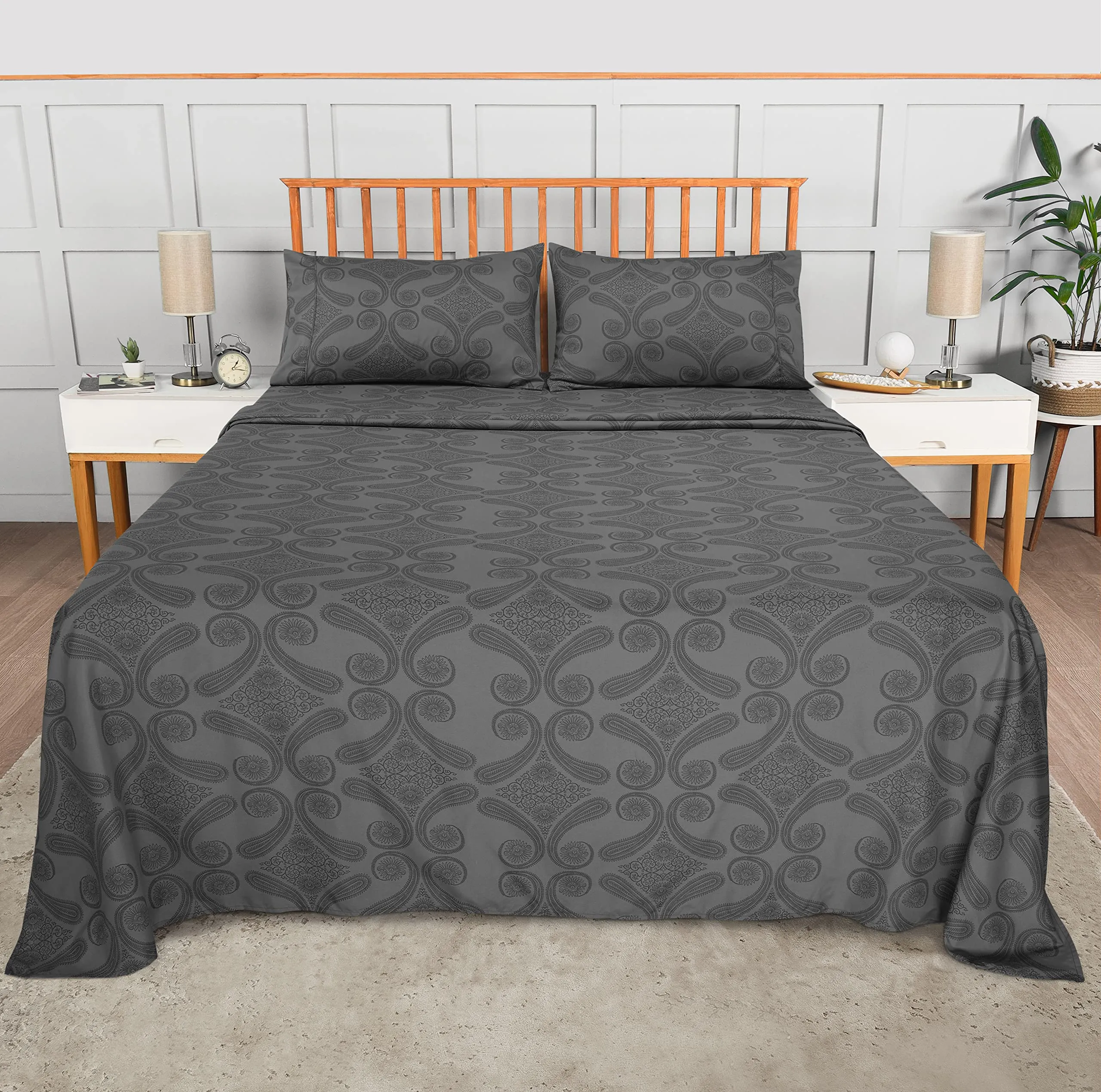 Utopia Bedding Set di lenzuola in microfibra spazzolata, 4 pezzi, Queen size, motivo cachemire, grigio - immagine 3