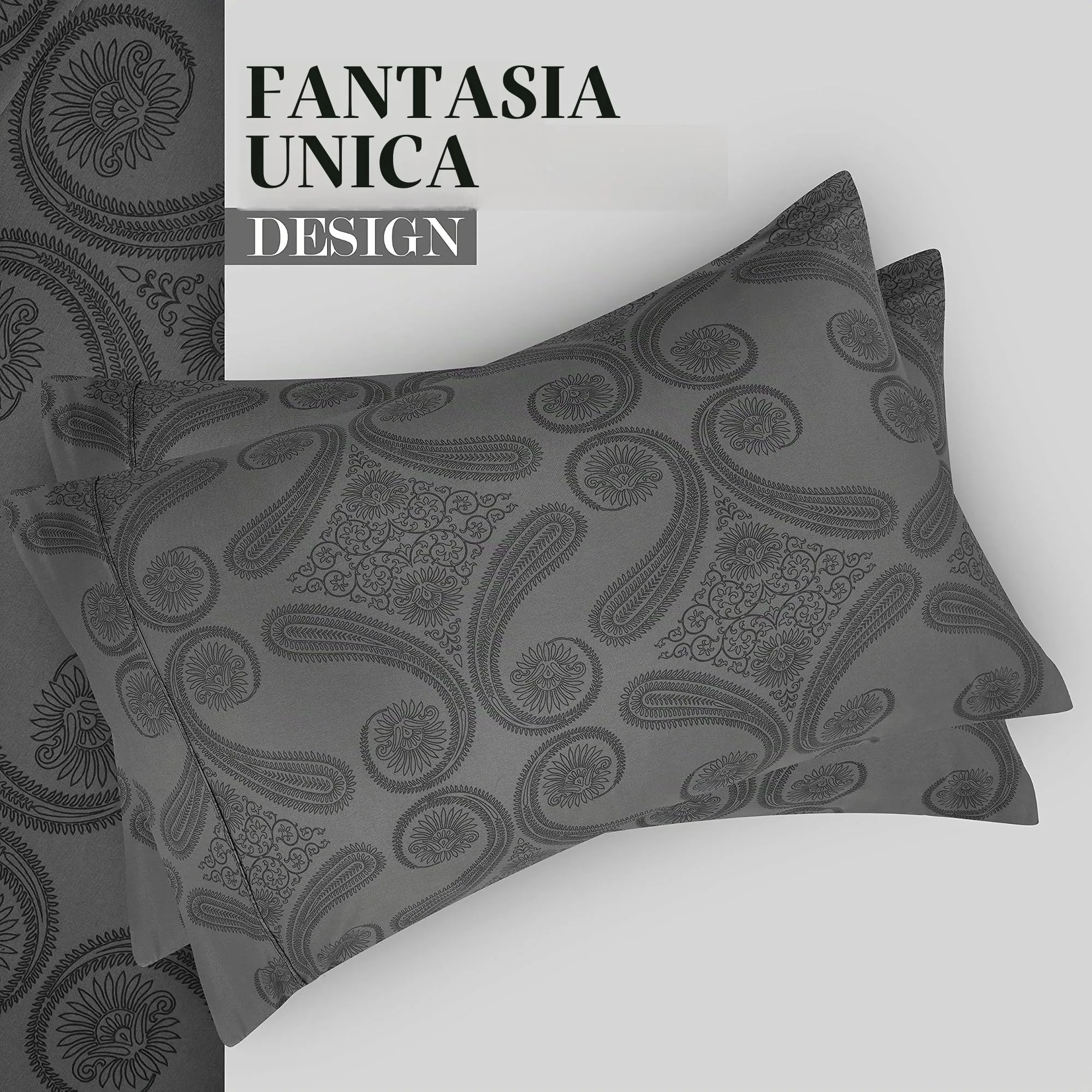 Utopia Bedding Set di lenzuola in microfibra spazzolata, 4 pezzi, Queen size, motivo cachemire, grigio - immagine 6