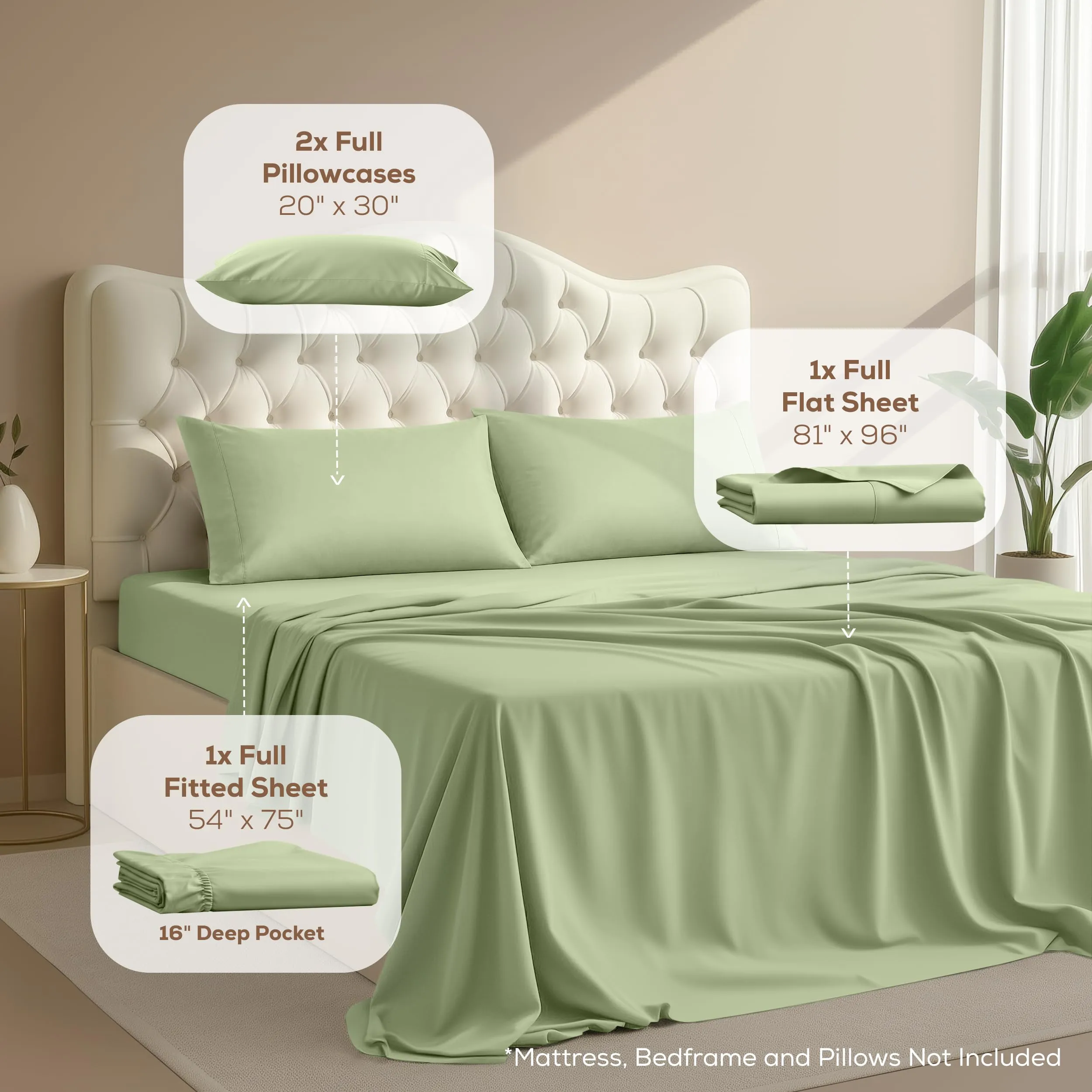 Utopia Bedding Set di lenzuola in microfibra per letto matrimoniale, 4 pezzi, Verde Salvia - immagine 2