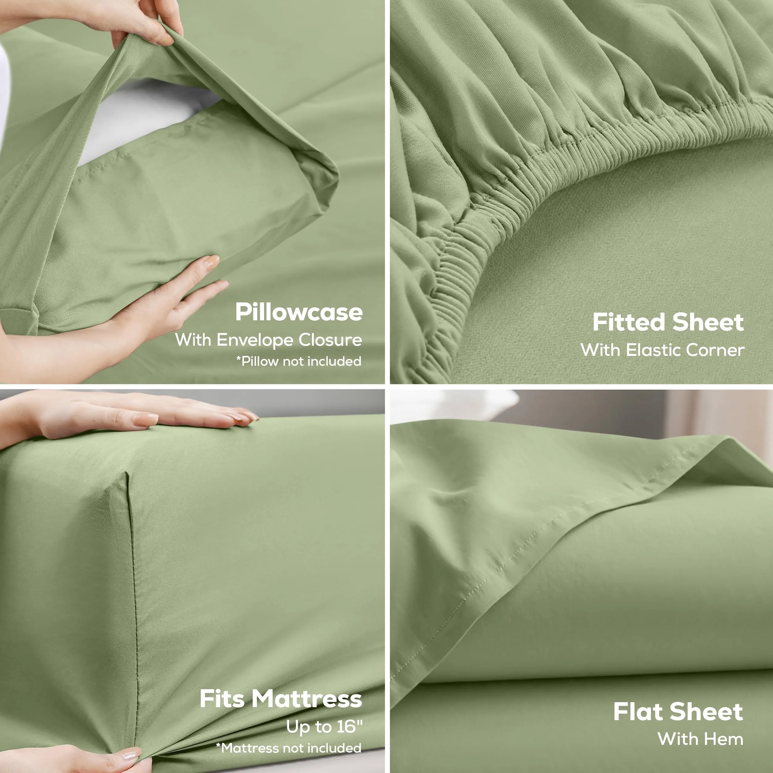 Utopia Bedding Set di lenzuola in microfibra per letto matrimoniale, 4 pezzi, Verde Salvia - immagine 3