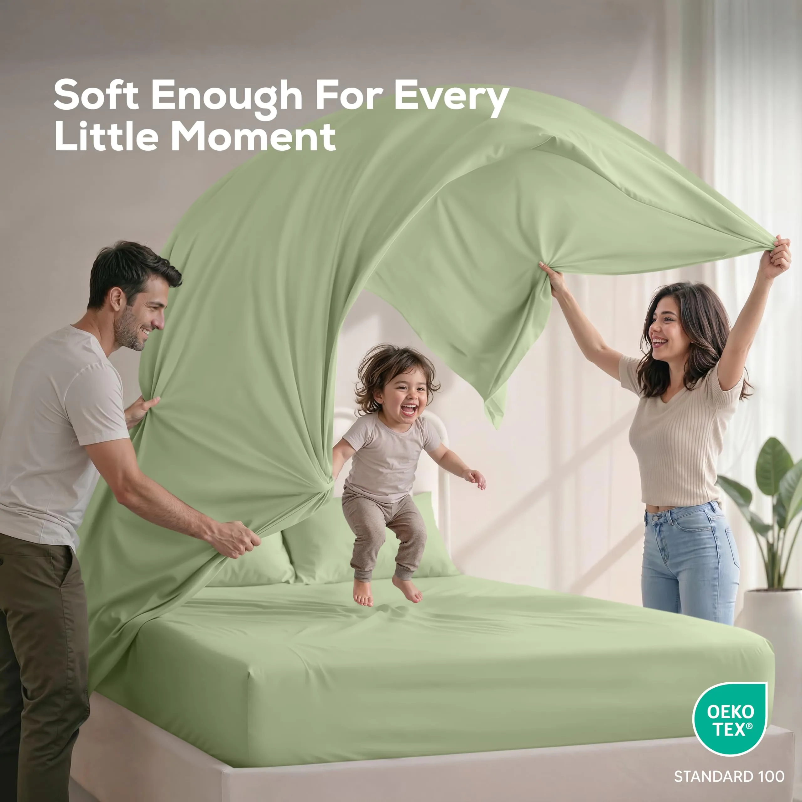 Utopia Bedding Set di lenzuola in microfibra per letto matrimoniale, 4 pezzi, Verde Salvia - immagine 5