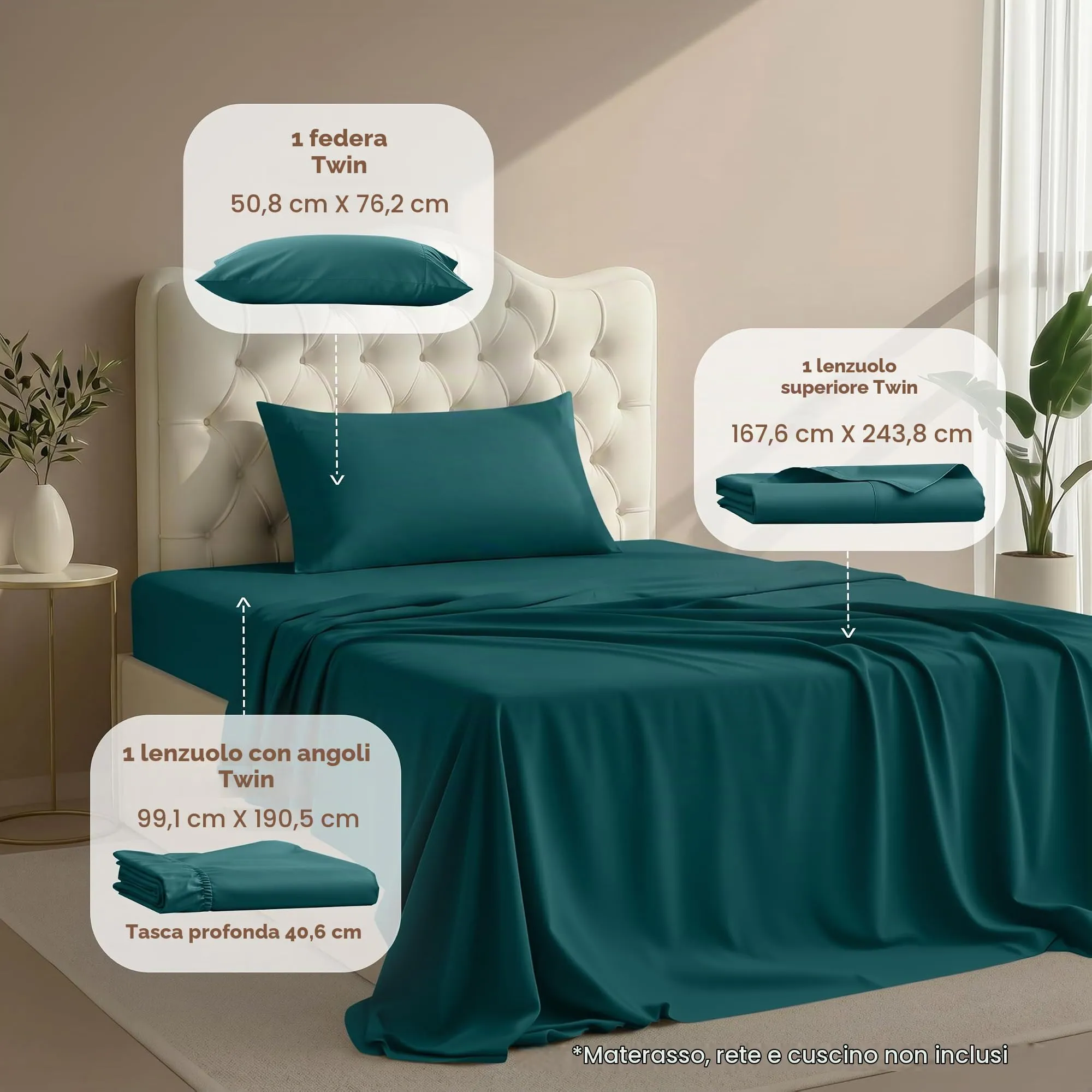 Utopia Bedding Set di lenzuola per letto singolo, 3 pezzi, Verde Acqua, USA Twin - immagine 2