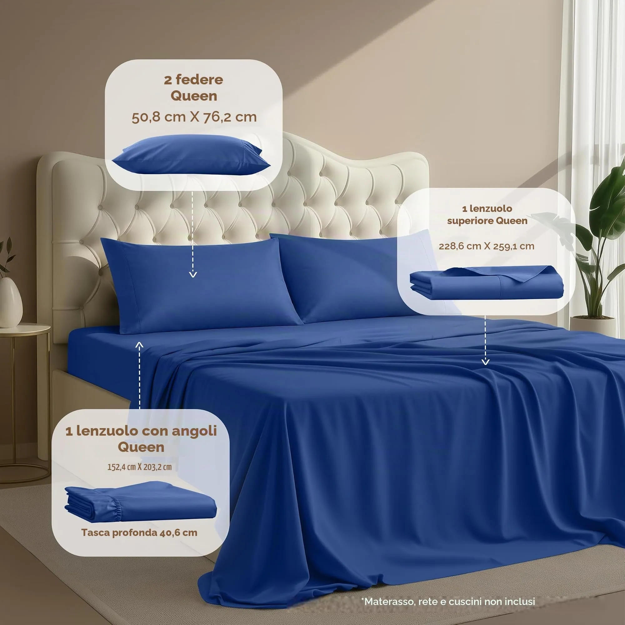Utopia Bedding Set di lenzuola in microfibra 4 pezzi, Queen Size, Blu Reale - immagine 2