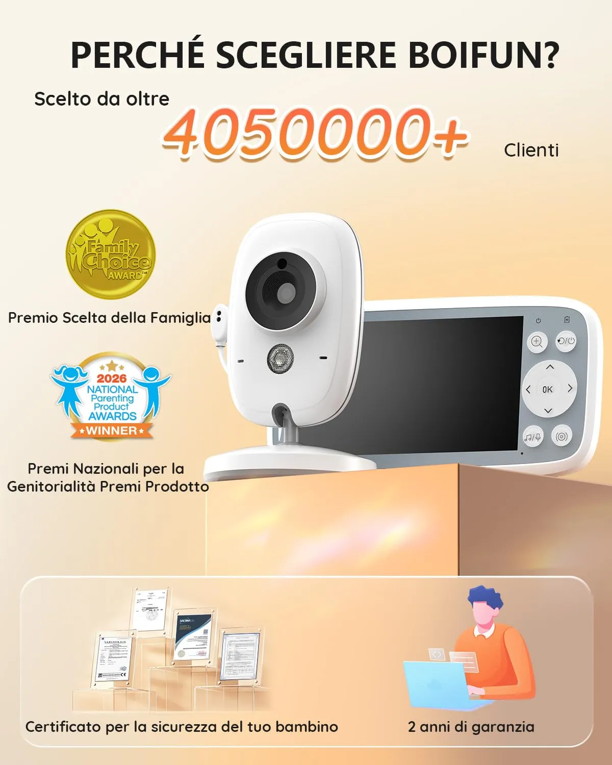 Boifun Baby Monitor Video e Audio, Schermo IPS 4" 720P, Visione Notturna, Zoom 3x, Rilevamento Temperatura, Senza WiFi - immagine 2