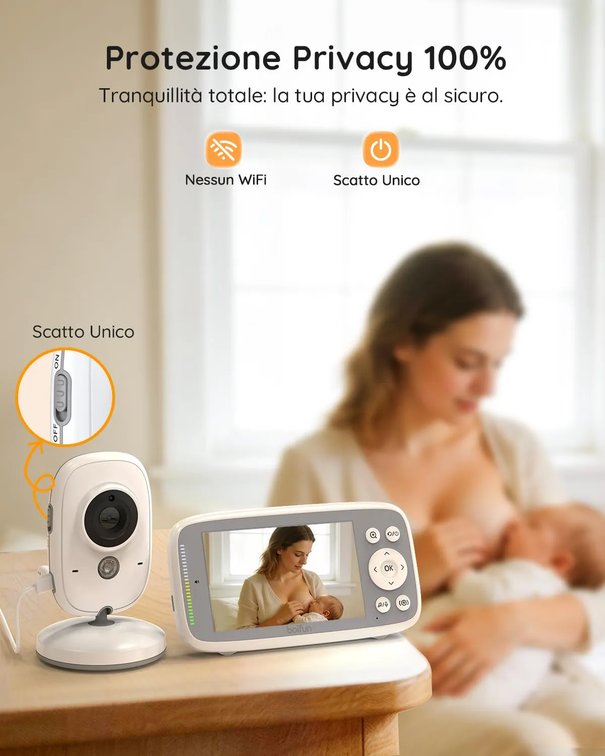 Boifun Baby Monitor Video e Audio, Schermo IPS 4" 720P, Visione Notturna, Zoom 3x, Rilevamento Temperatura, Senza WiFi - immagine 4