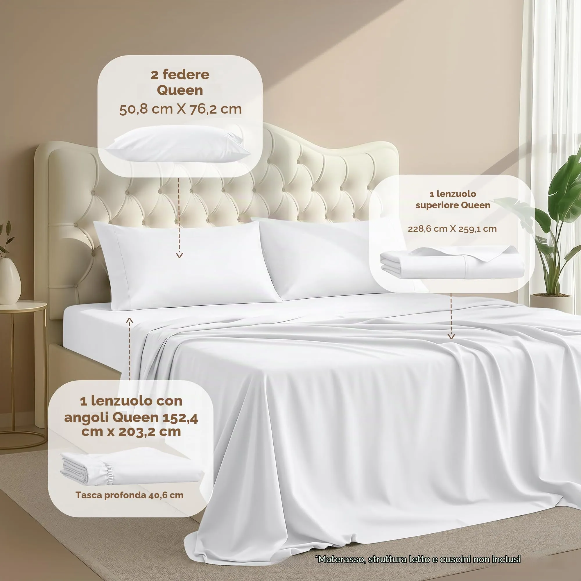Utopia Bedding Set di lenzuola in microfibra spazzolata, Queen Size, Bianco - immagine 2