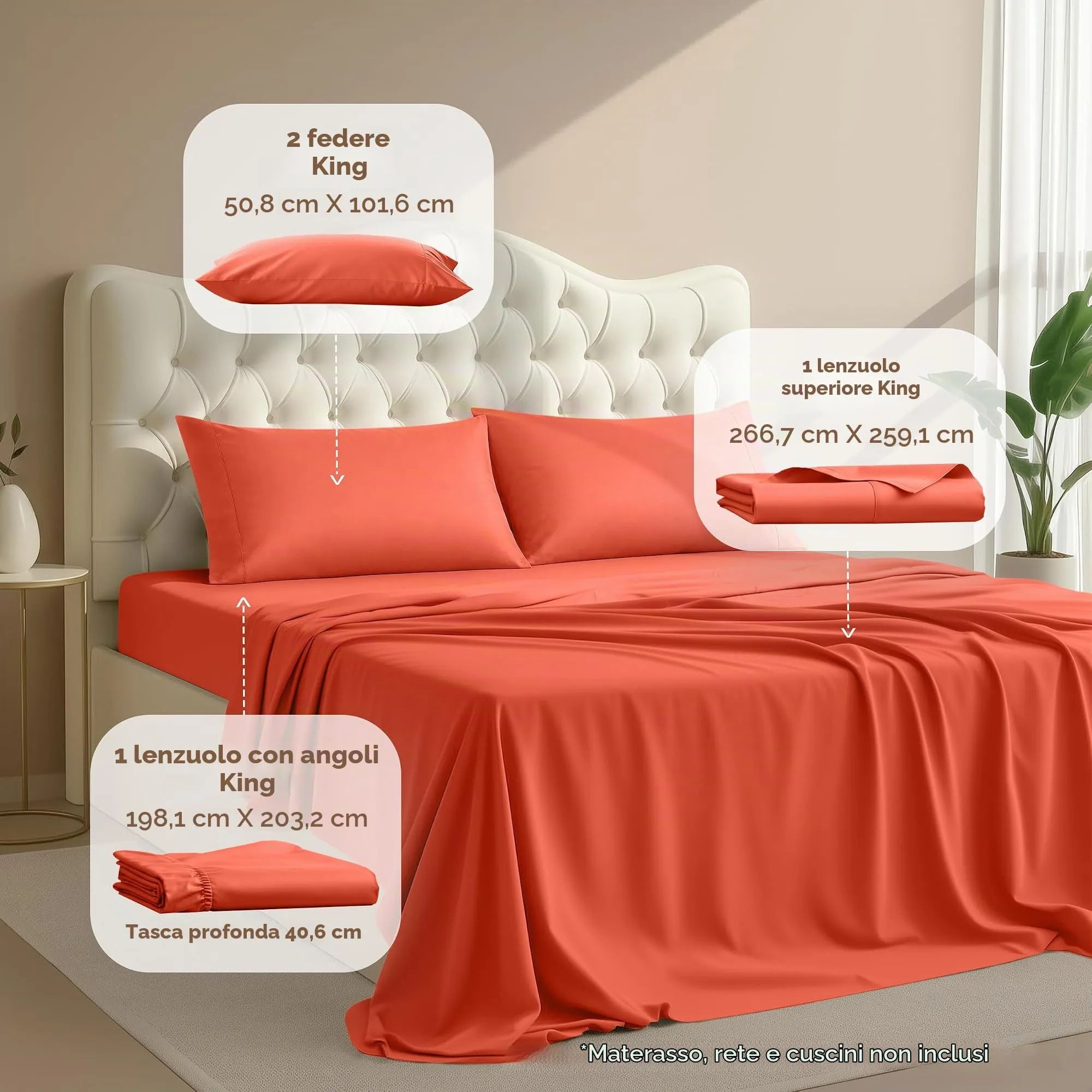 Utopia Bedding Set di lenzuola in microfibra spazzolata, 4 pezzi, King, Corallo - immagine 2