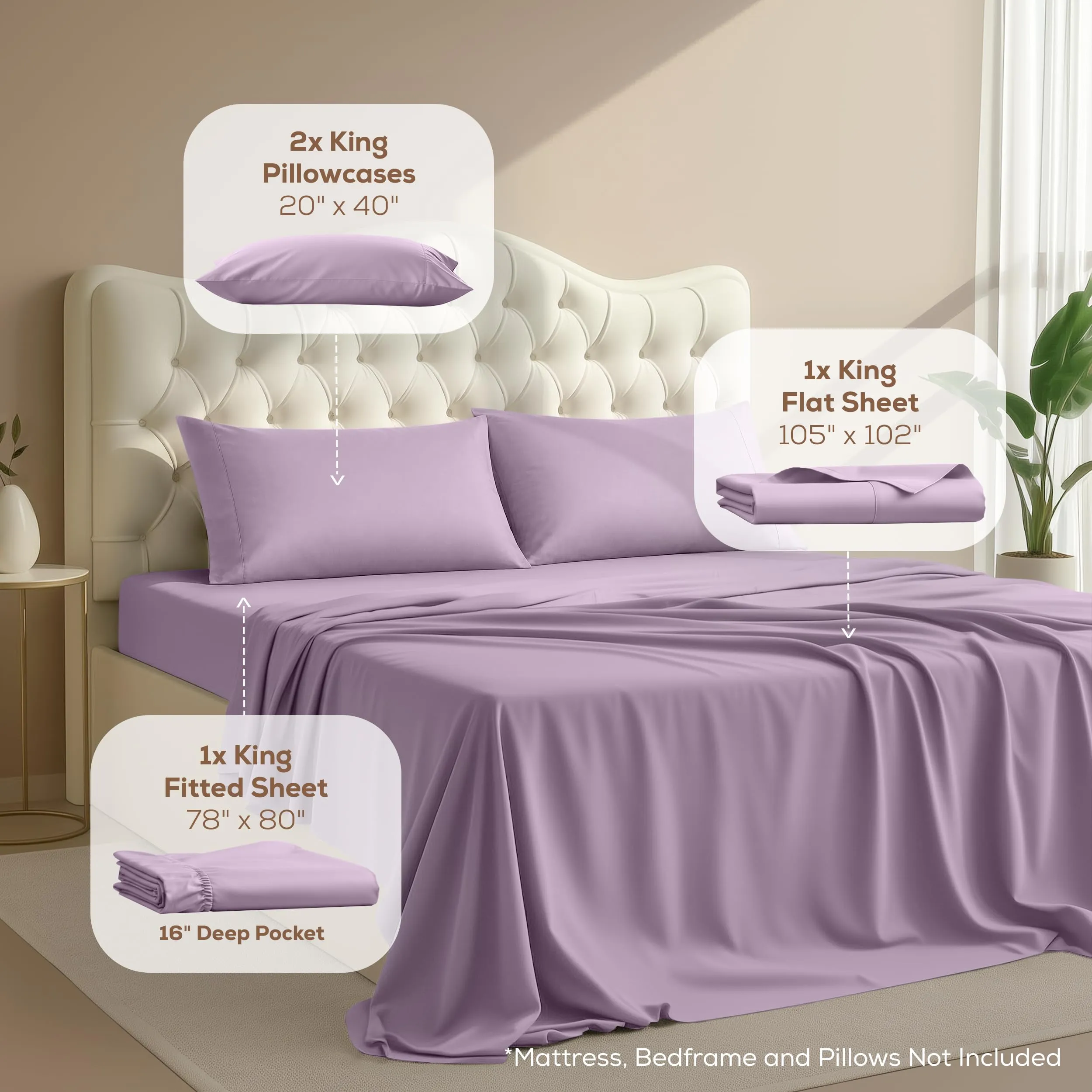 Utopia Bedding Set di lenzuola in microfibra spazzolata, 4 pezzi, King Size, Lavanda - immagine 2