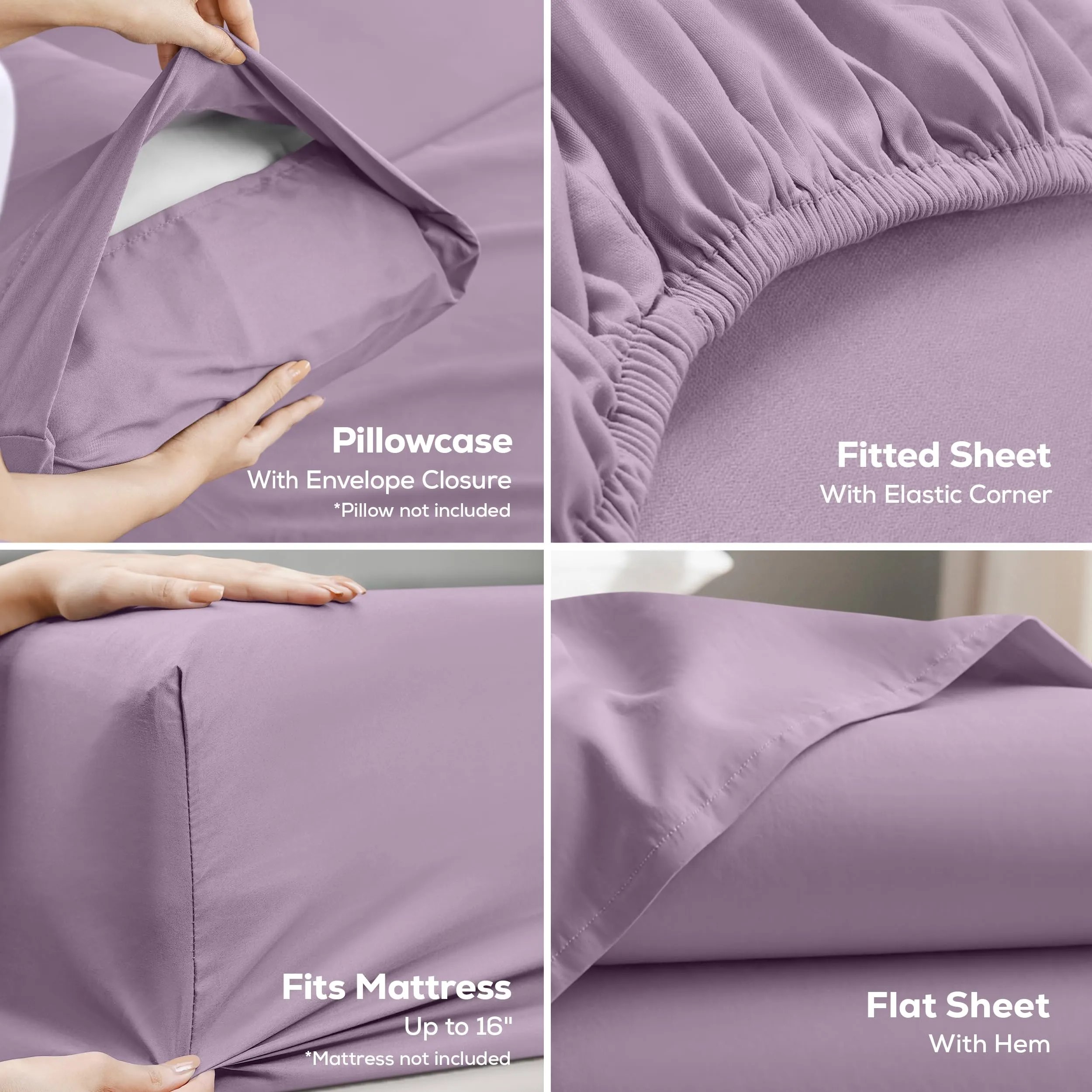 Utopia Bedding Set di lenzuola in microfibra spazzolata, 4 pezzi, King Size, Lavanda - immagine 3
