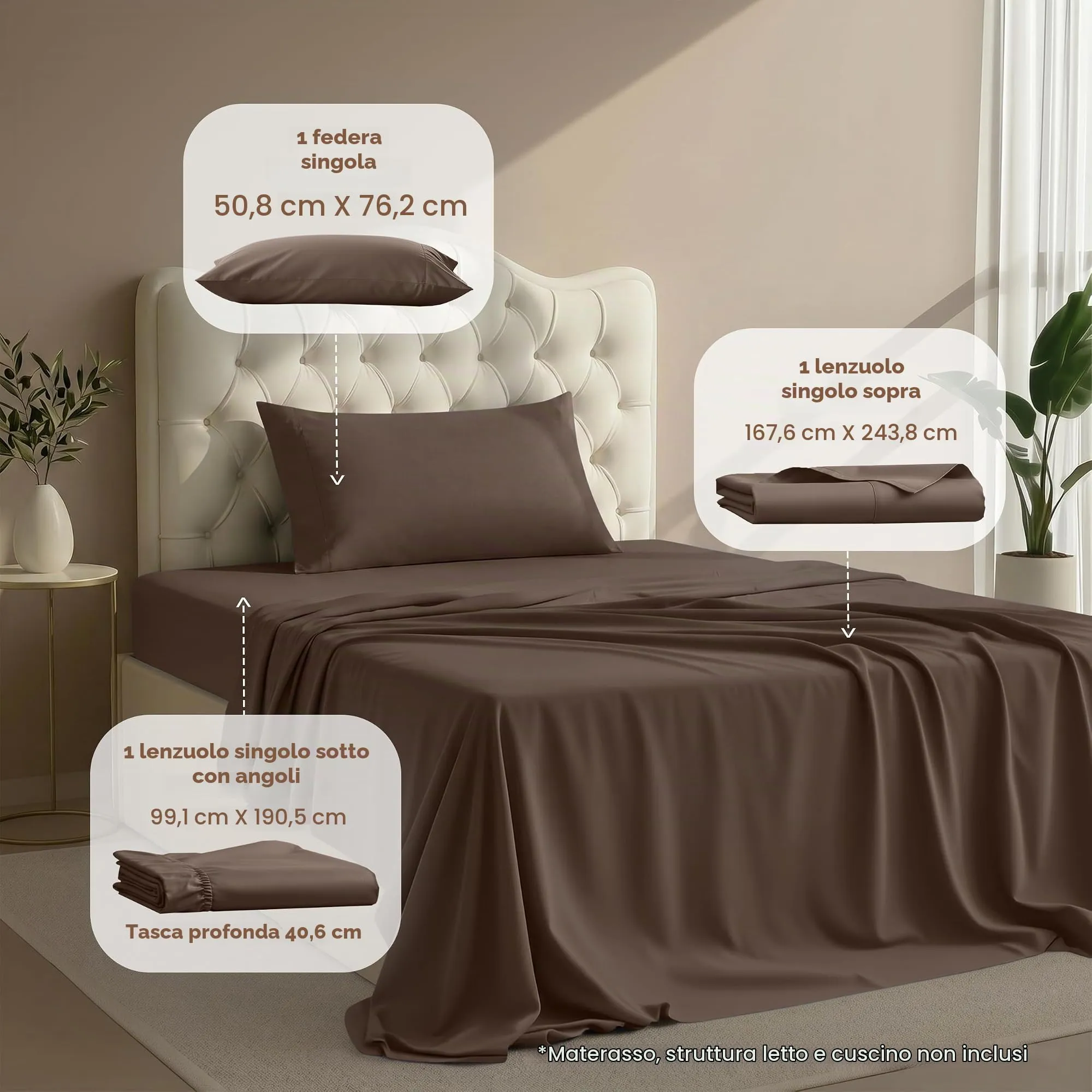 Utopia Bedding Set di lenzuola per letto singolo, 3 pezzi, Marrone, USA Twin - immagine 2