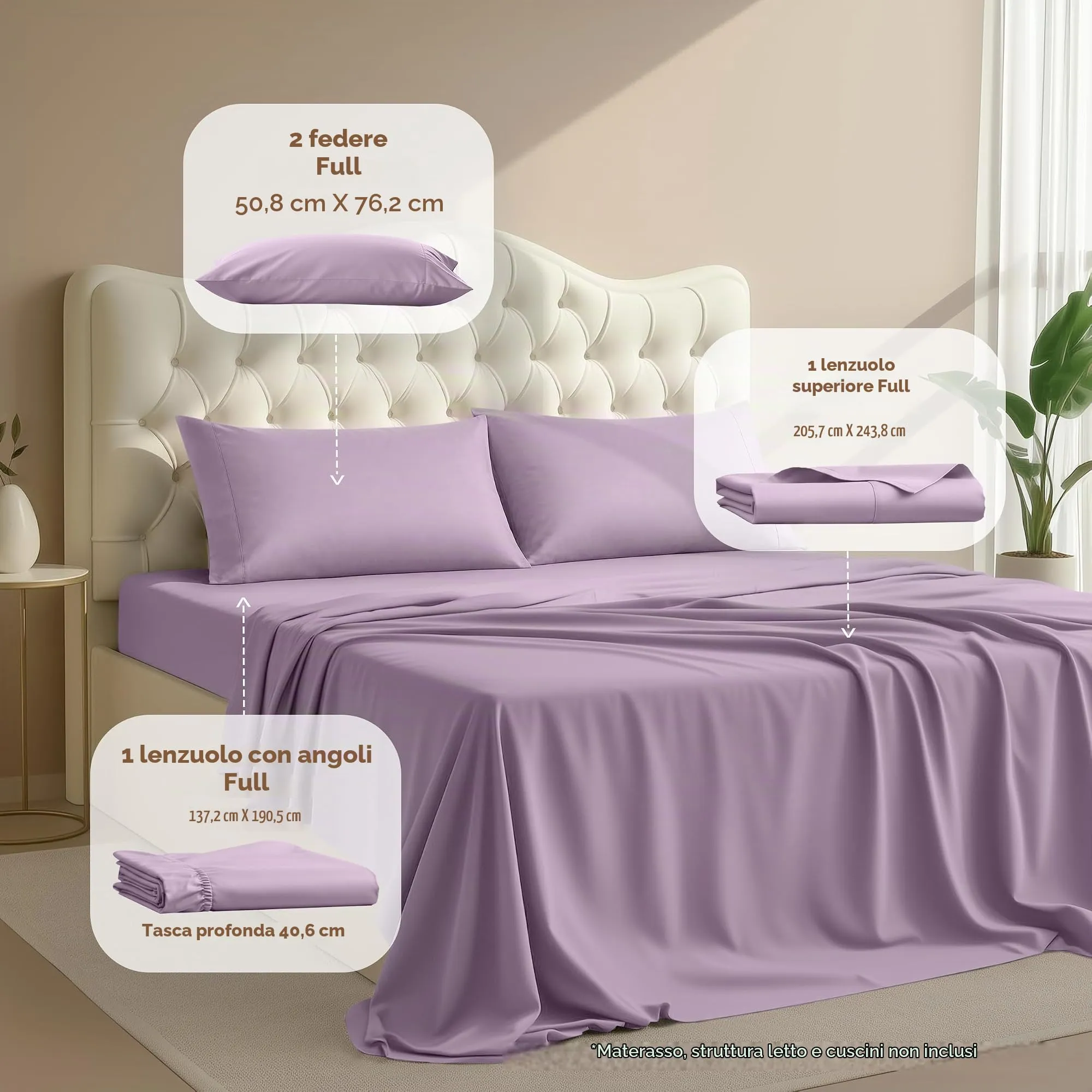 Utopia Bedding Set di lenzuola in microfibra spazzolata, 4 pezzi, Full, Lavanda - immagine 2