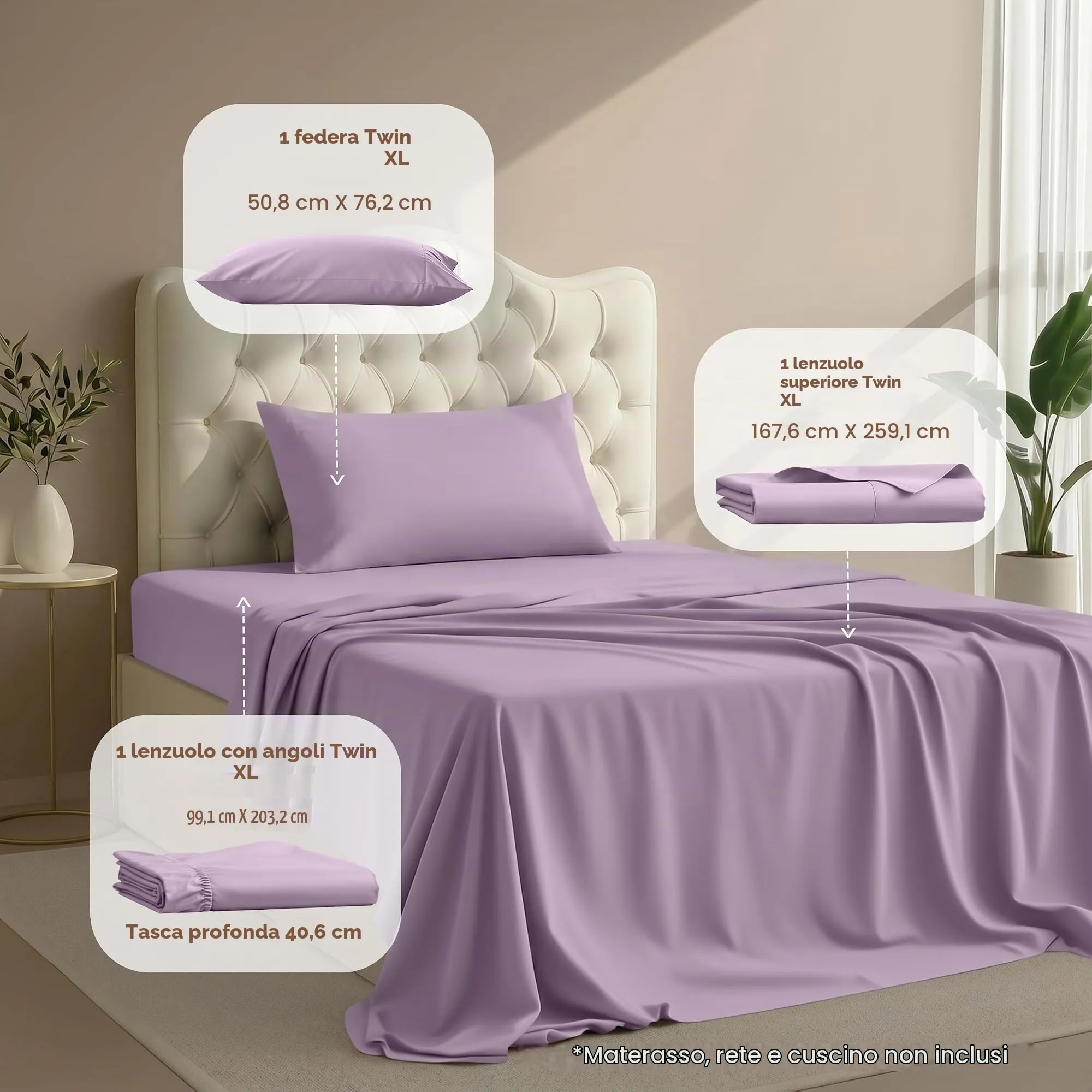 Utopia Bedding Set di lenzuola per letto singolo XL, 3 pezzi, Lavanda - immagine 2