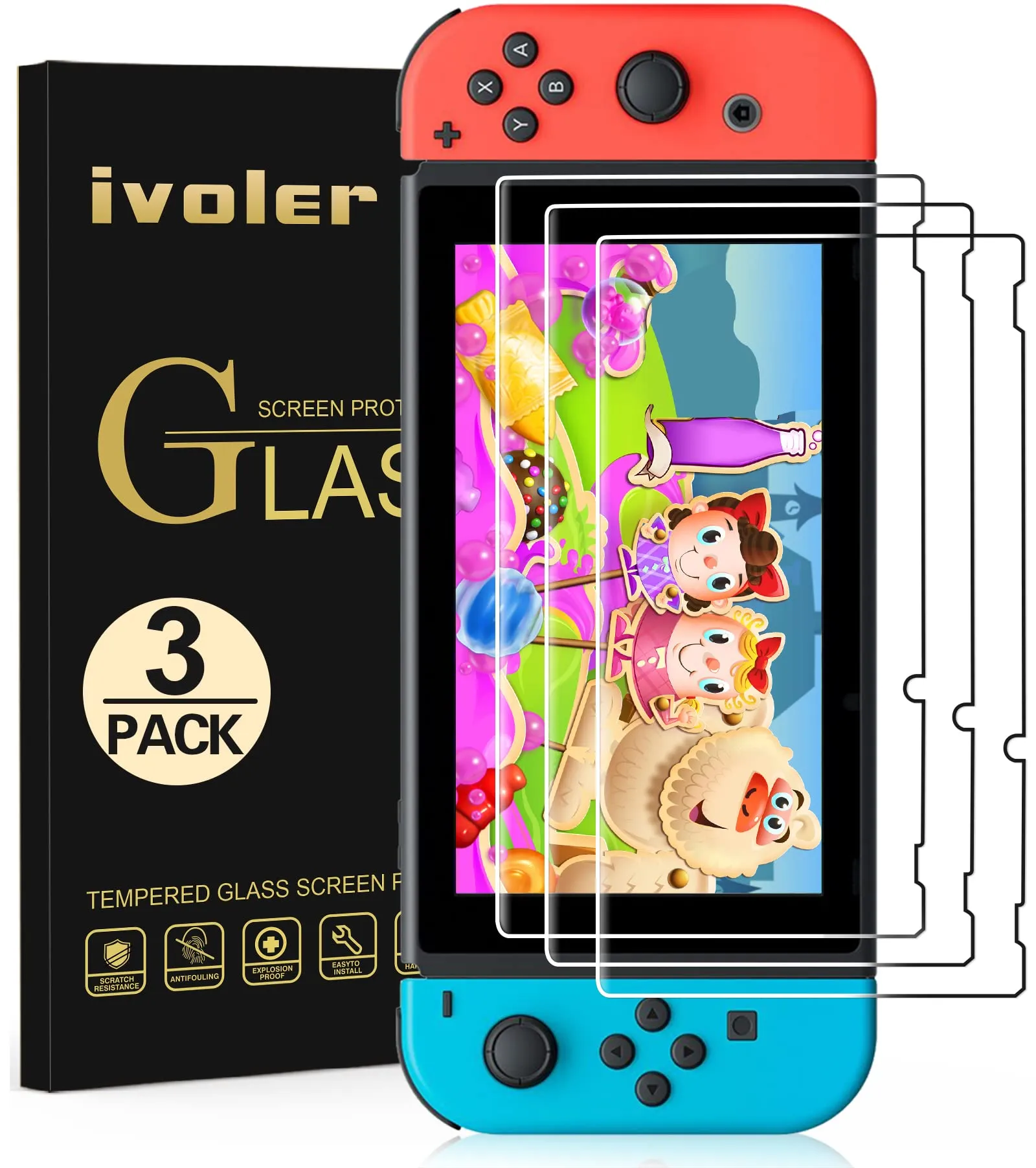iVoler Tempered Glass Screen Protector for Nintendo Switch, 3 Pack, Transparent HD Clear - immagine 1
