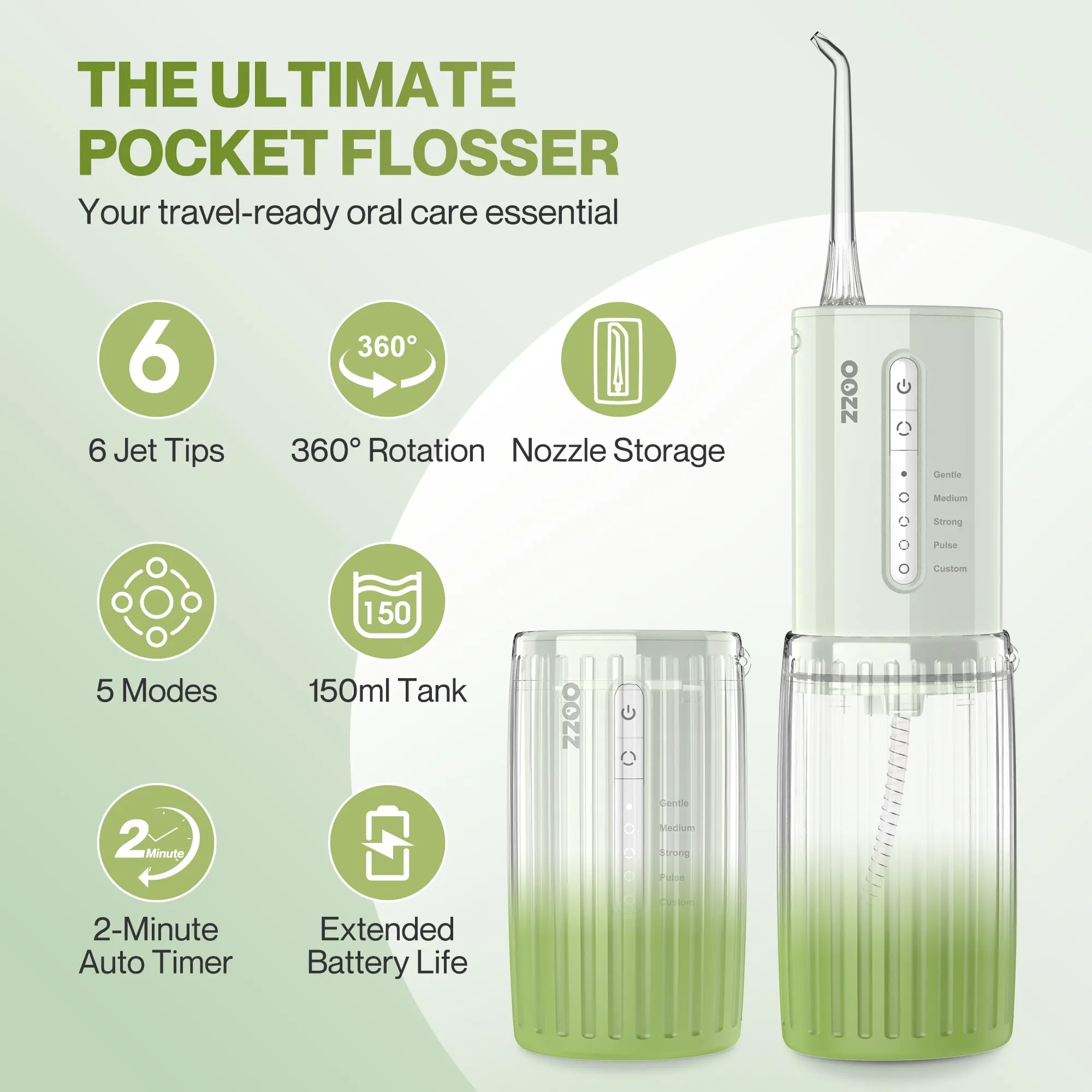 OOZZ Idropulsore da viaggio senza fili, 5 modalità di pressione, 6 ugelli, USB, Avocado - immagine 4
