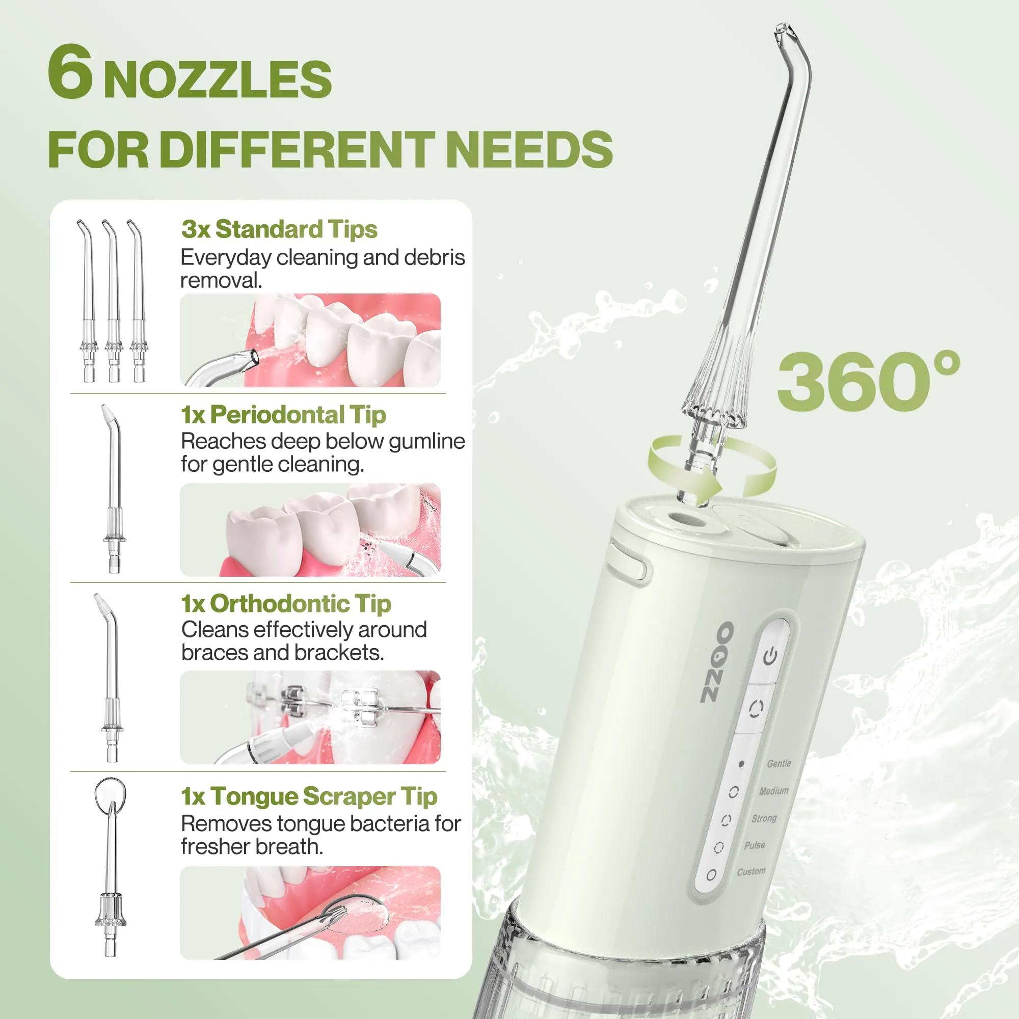 OOZZ Idropulsore da viaggio senza fili, 5 modalità di pressione, 6 ugelli, USB, Avocado - immagine 7