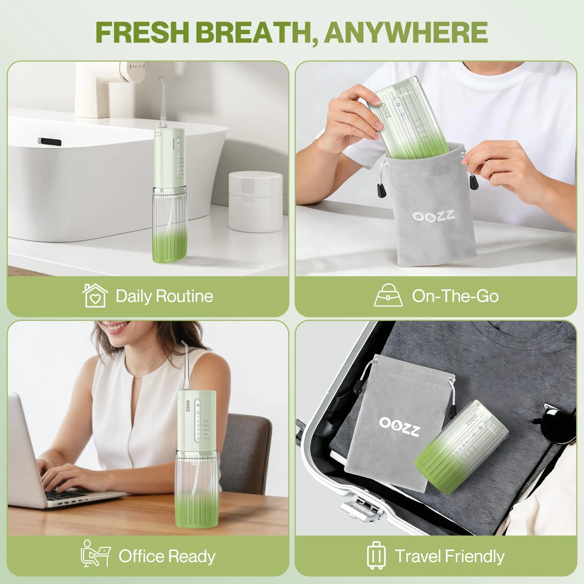 OOZZ Idropulsore da viaggio senza fili, 5 modalità di pressione, 6 ugelli, USB, Avocado - immagine 9