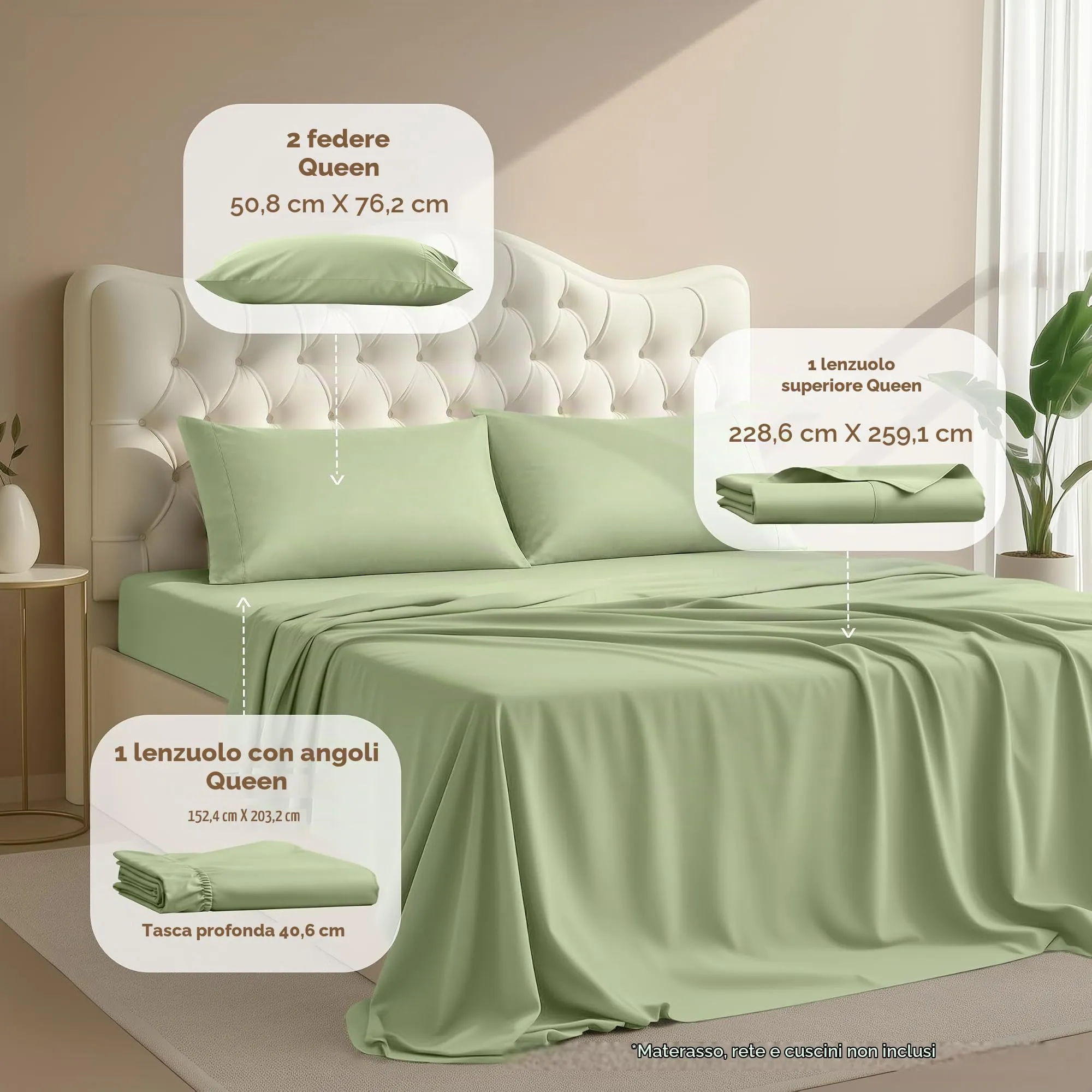 Utopia Bedding Set di lenzuola in microfibra spazzolata, Queen Size, Salvia - immagine 2