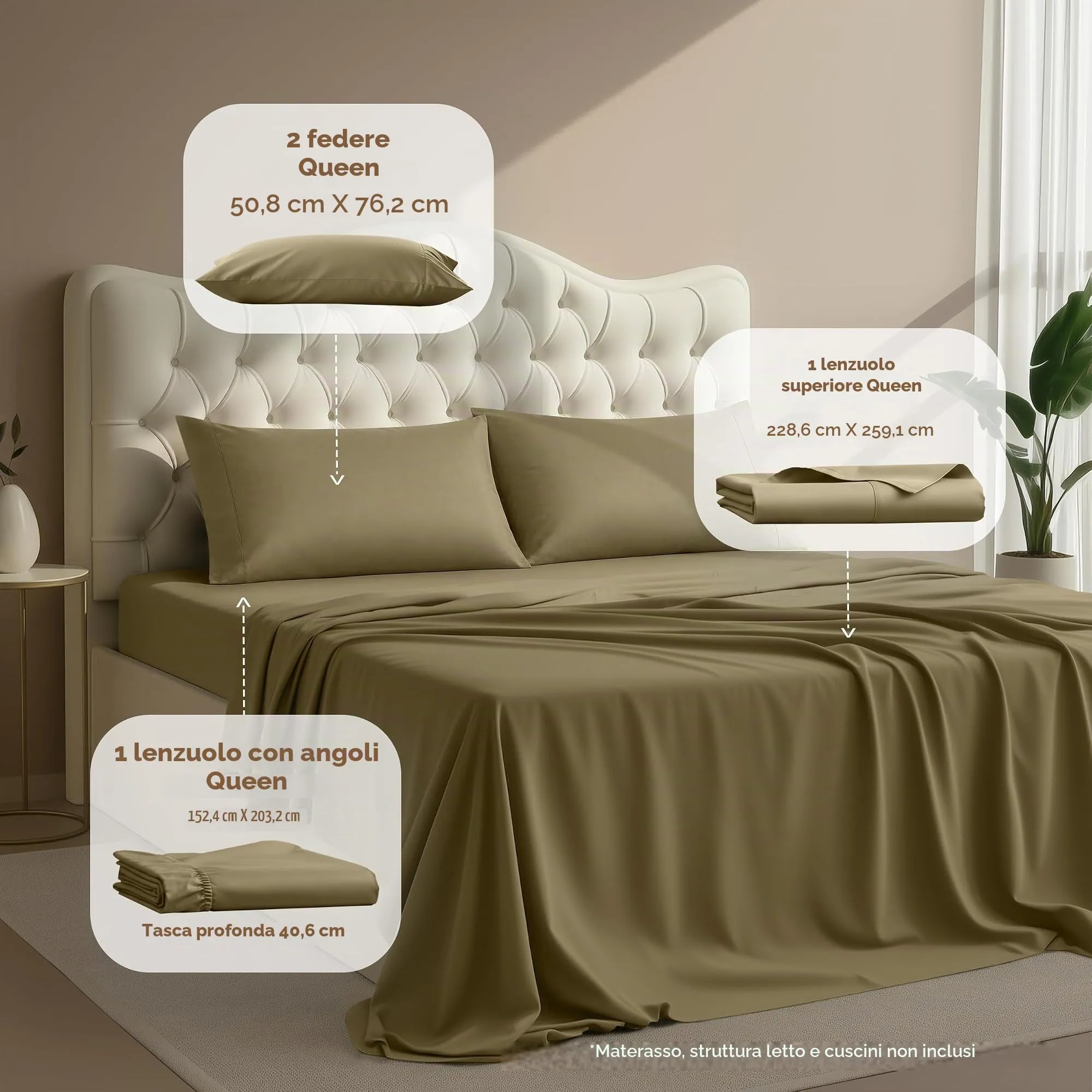 Utopia Bedding Set di lenzuola in microfibra 4 pezzi, Queen Size, Olivo - immagine 2