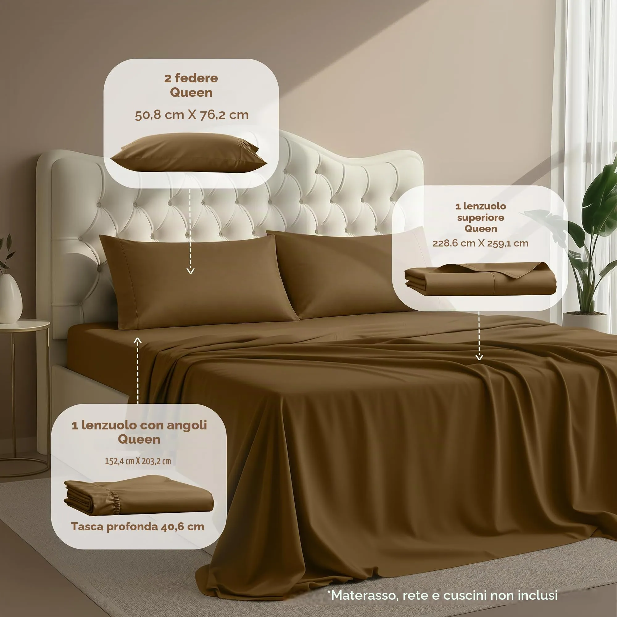Utopia Bedding Set di lenzuola in microfibra spazzolata, Queen size, Moka - immagine 2