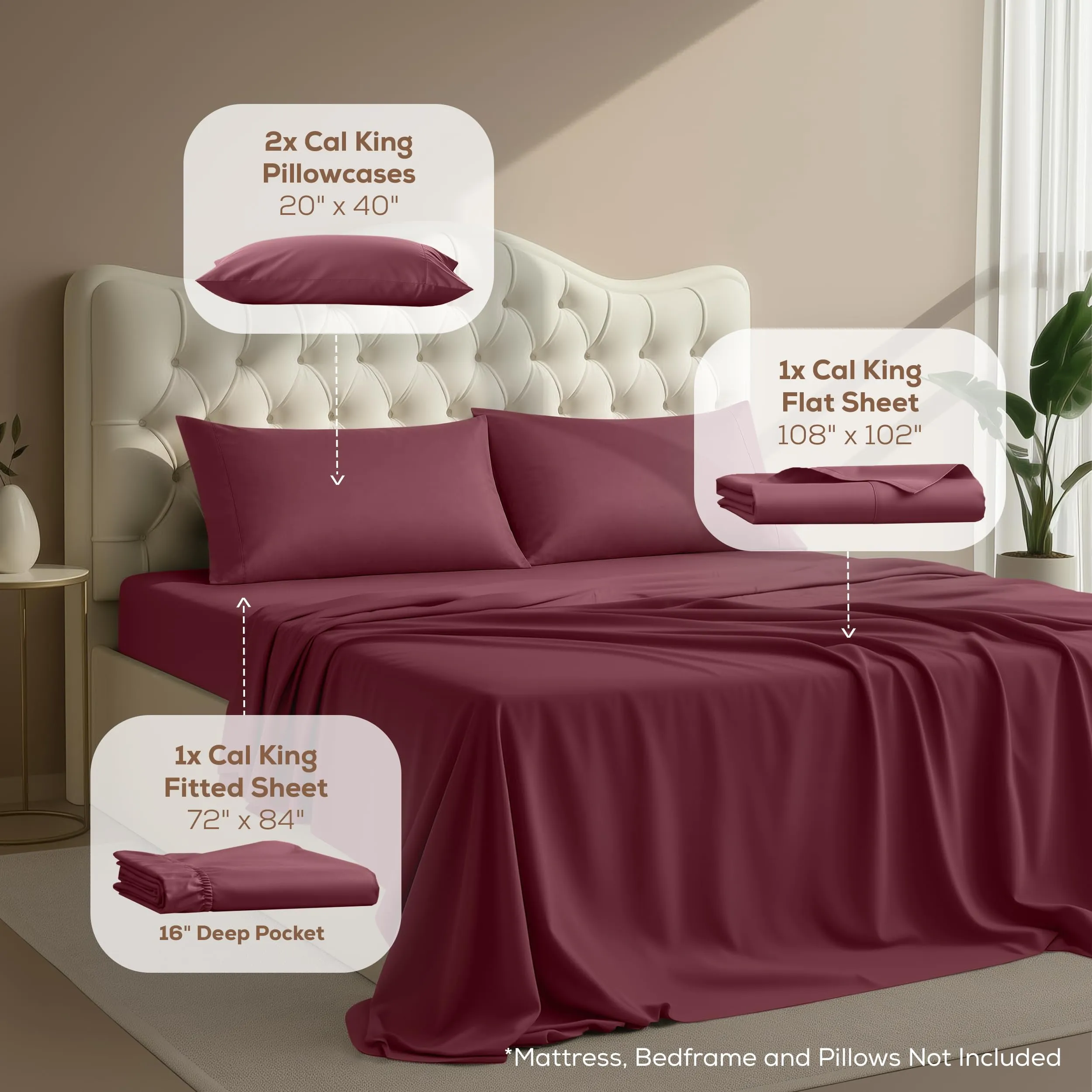 Utopia Bedding Set di Lenzuola in Microfibra Spazzolata, California King, Bordeaux - immagine 2