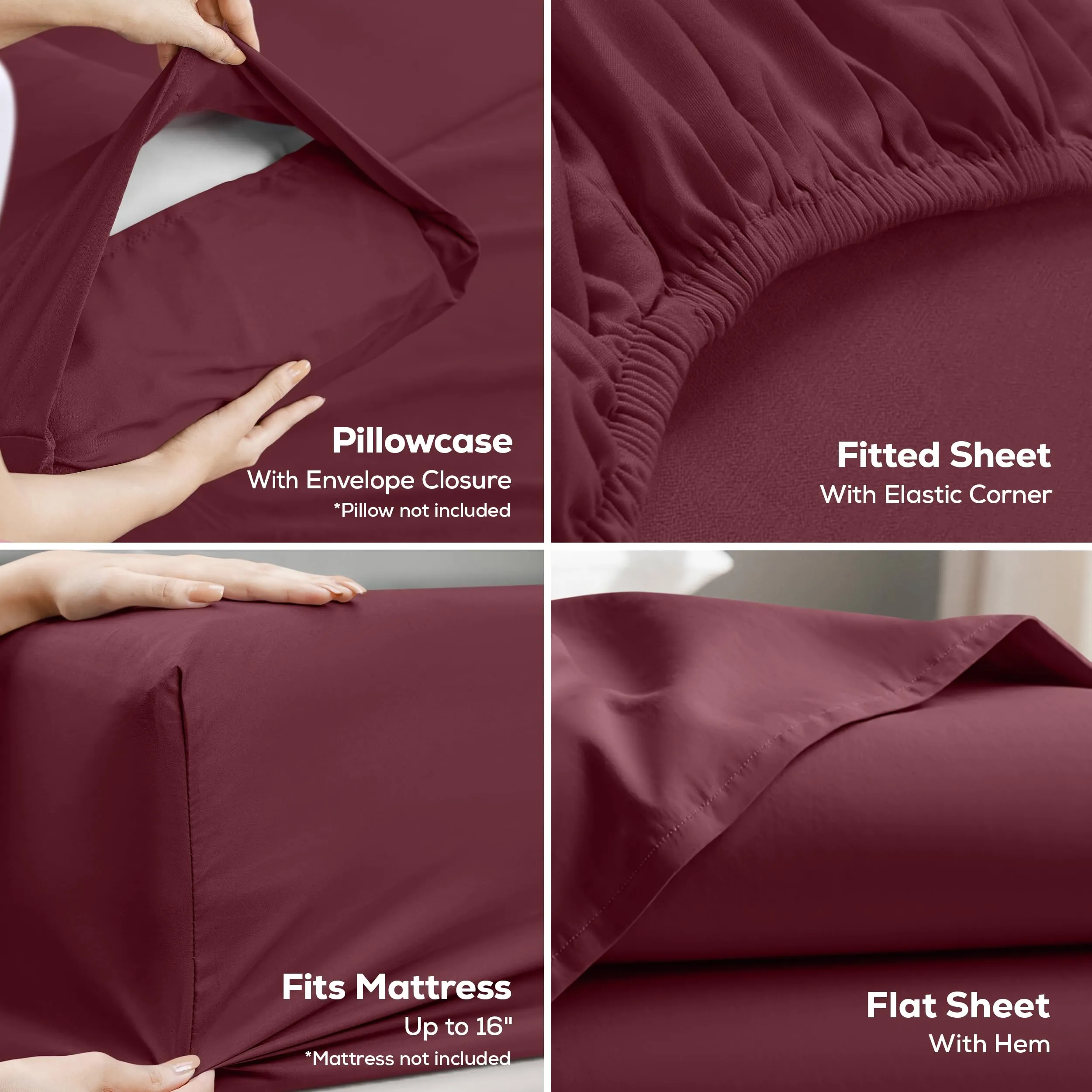 Utopia Bedding Set di Lenzuola in Microfibra Spazzolata, California King, Bordeaux - immagine 3