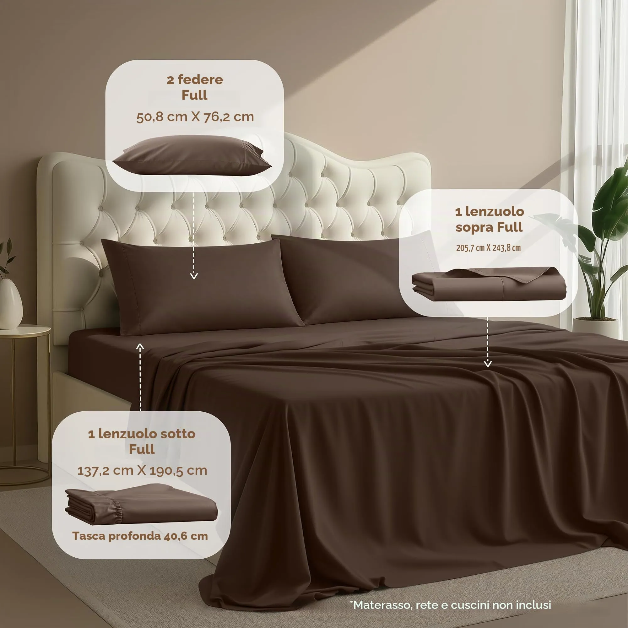 Utopia Bedding Set di lenzuola in microfibra per letto matrimoniale, 4 pezzi, Marrone - immagine 2