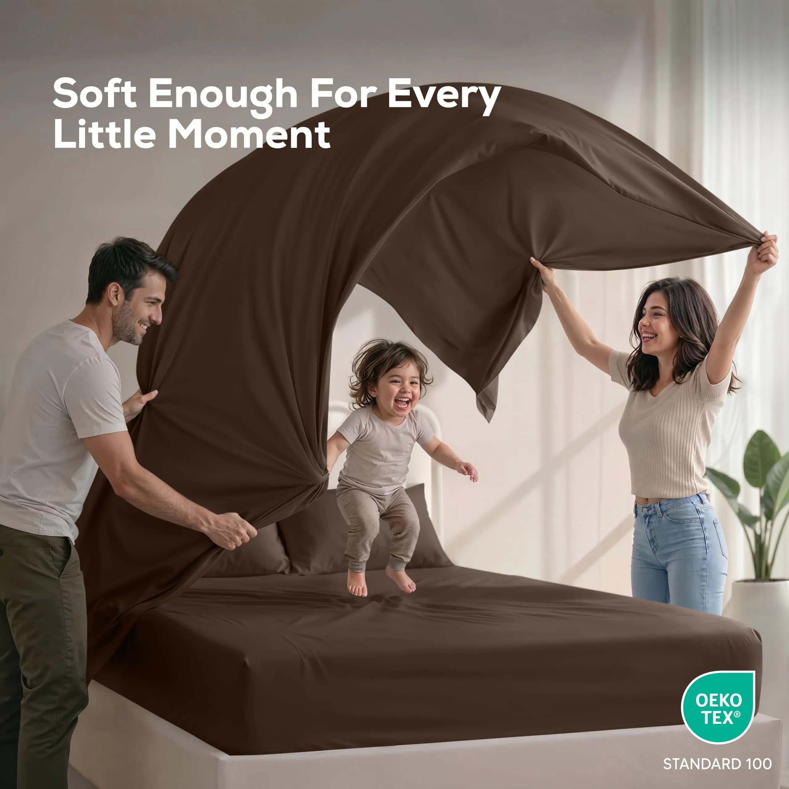 Utopia Bedding Set di lenzuola in microfibra per letto matrimoniale, 4 pezzi, Marrone - immagine 5