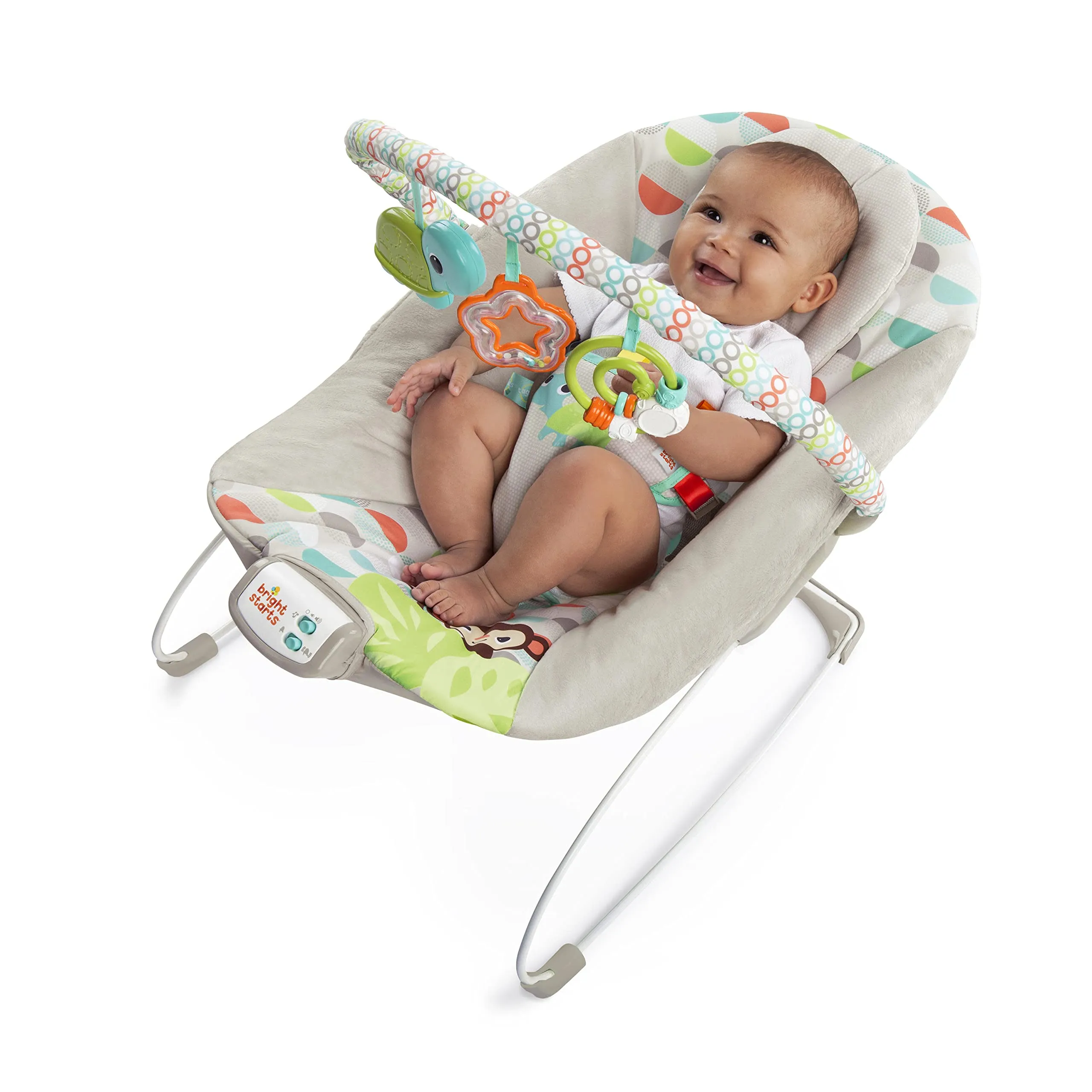 Bright Starts Seggiolino Vibrante Rilassante per Neonati Happy Safari, Taggies, Musica, Barra Giocattoli Rimovibile, 0-6 Mesi fino a 9 kg - immagine 1